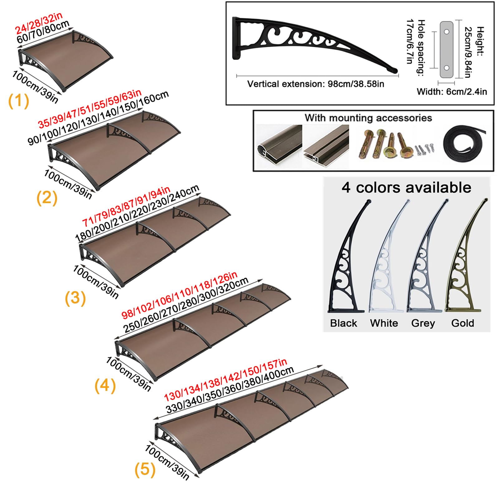 Tettoia per Porta e Ingresso,Pensilina per Copertura in Policarbonato,Garden Pensilina da Esterno,Tendalino per Finestra Antipioggia,Larghezza 60/80/100/120/150 Cm Opzionale (100x130cm/39"x51",Gold)