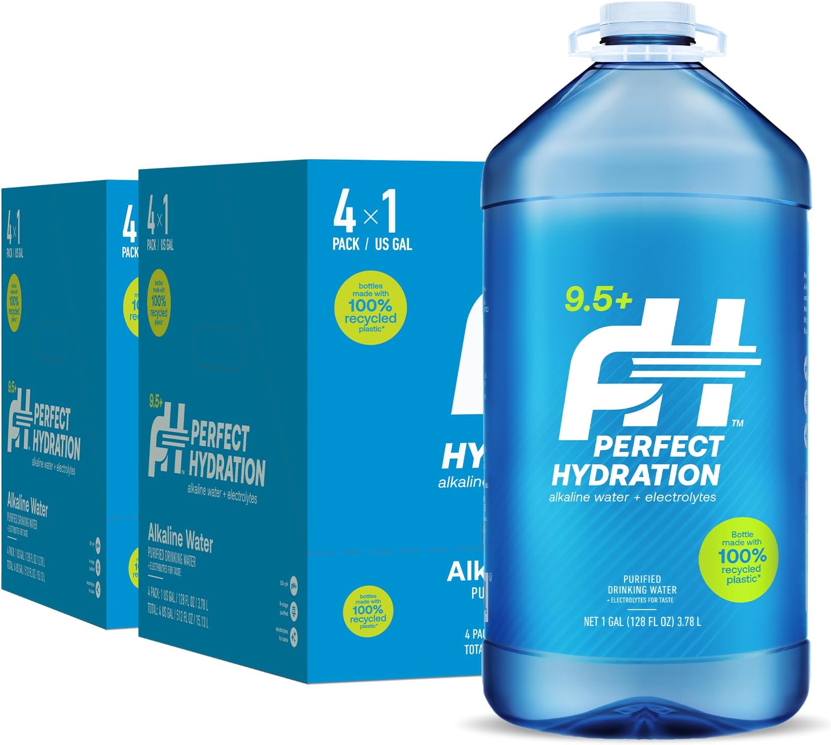 Perfect Hydration 9.5+ pH Alkaline Drinking Water, Electrolyte Minerals for Taste, Made in the USA, 8 Gallons (2 Cases of 128 fl oz Jugs)