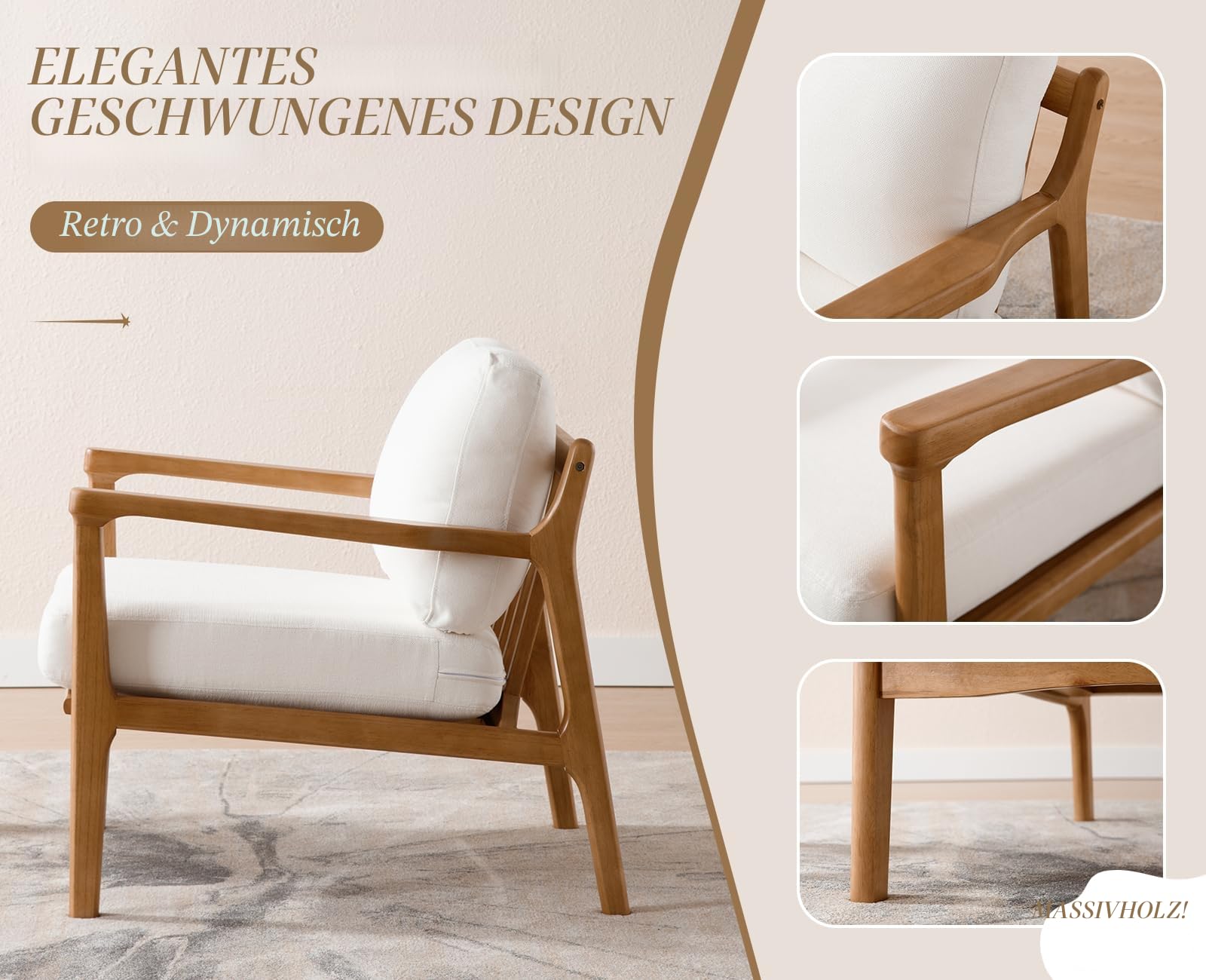 chairus Leinen Ohrensessel für Wohnzimmer Polsterstuhl Loungesessel Lehnsessel mit Massivholzrahmen Relaxsessel für Wohnzimmer (Beige)