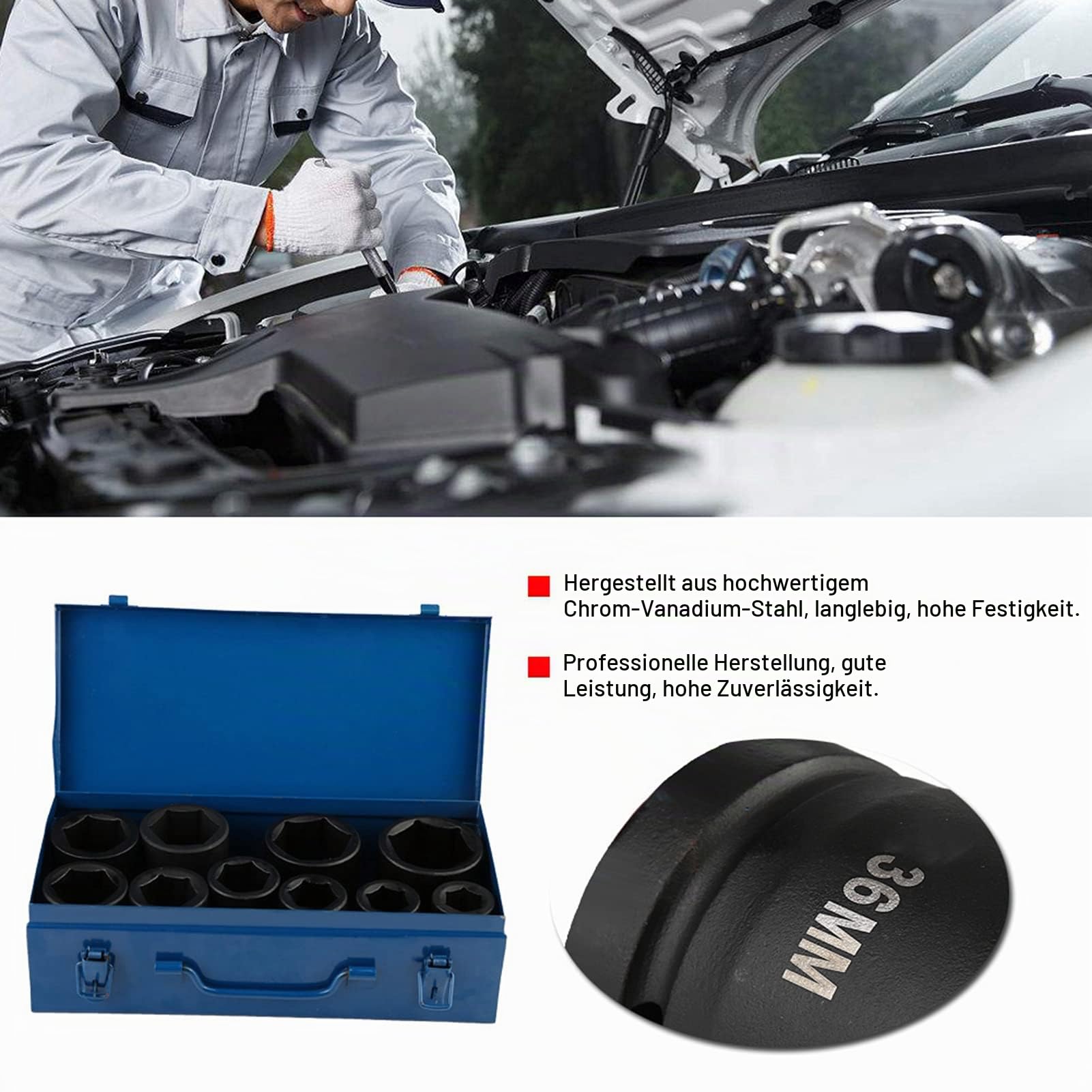 Schlagschrauber Nüsse Set, 10 Stück, 2,5 Cm (1 Zoll) Mini-Ratschensatz, Metrisch, Tief, Lange Reichweite, Tiefe Stecknüsse, Metrisch 22/24/27/30/32/36/38/41/46/50 mm