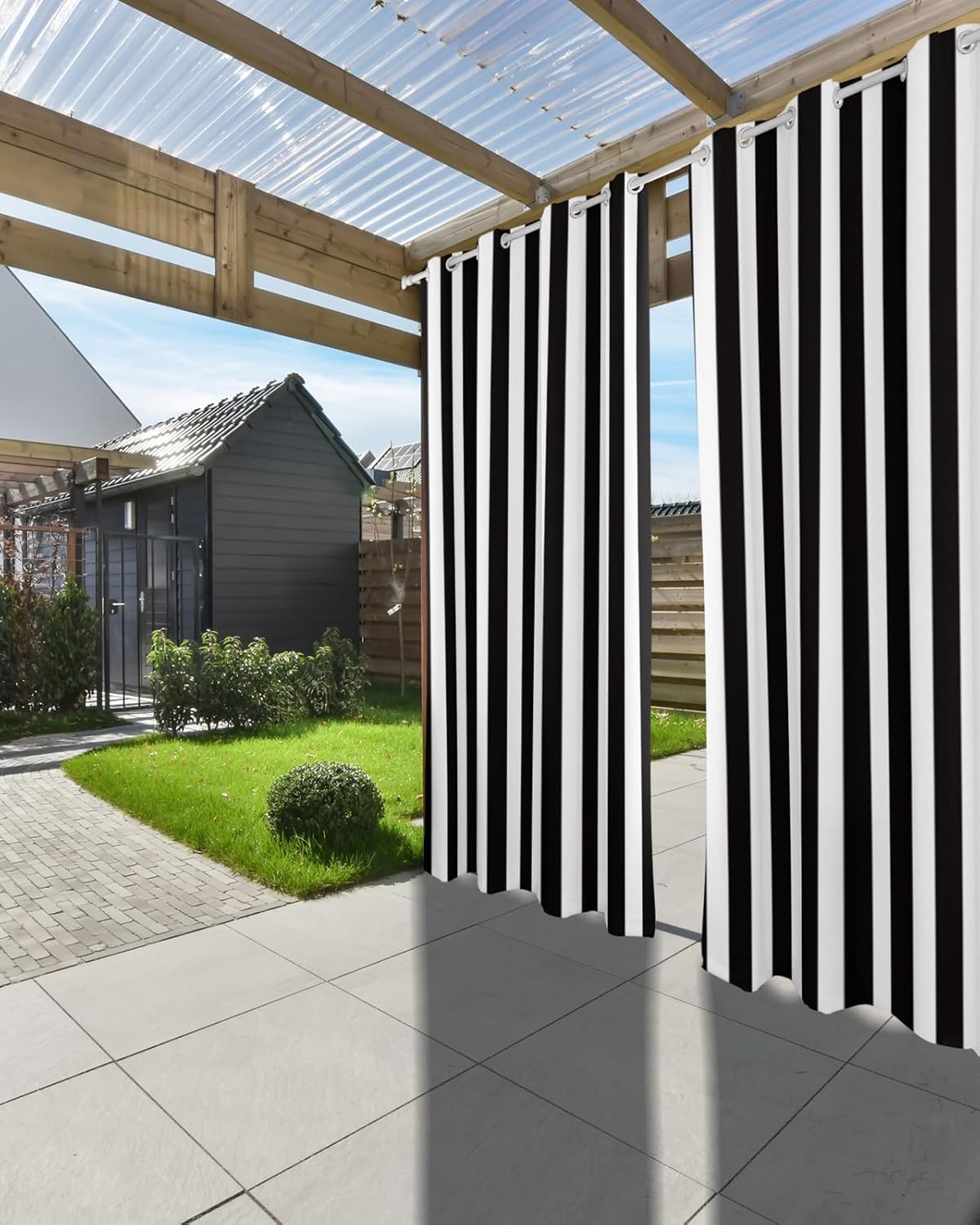 Outdoor Curtains for Patio Waterproof Black and White Stripe Indoor/Outdoor Curtain Tiebacks Simple Style Privacy Curtain Sun Blocking Grommet Drapes for Pergolas Gazebo Porch Balcony 2 Panel 54x108