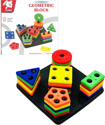 Storio Geometric Shape Sorter Toy for Kids | Educational Montessori Learning Blocks | Creative Stacking & Sorting Activity Game | Multicolor Square Shape Puzzle Toy for Toddlers (3+ Years)