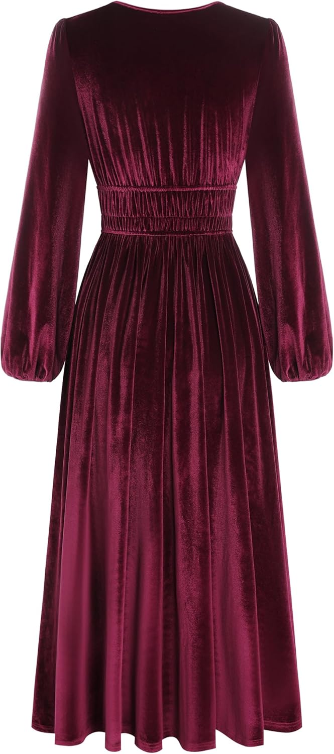 ZAFUL Womens Long Sleeve Velvet Dress 2025 Fall V Neck Holiday Cocktail Party Semi Formal Midi Dresses for Wedding Guest - Image 4