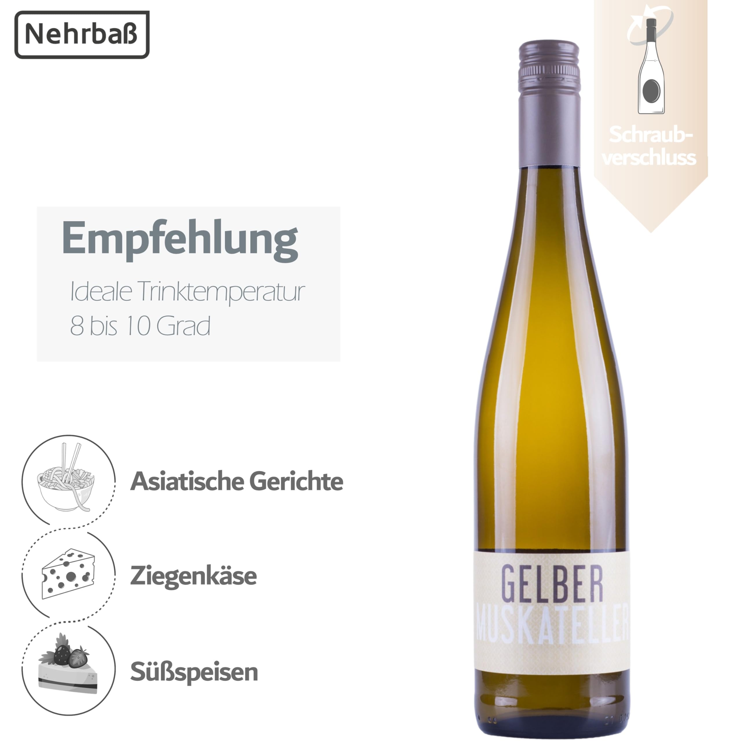 Nehrbaß - “Gelber Muskateller 2024” - Weißwein lieblich 6 x á 0,75 Liter - Vegan - Aus Deutschland (Rheinhessen) - mit Schraubverschluss - Qualitätswein