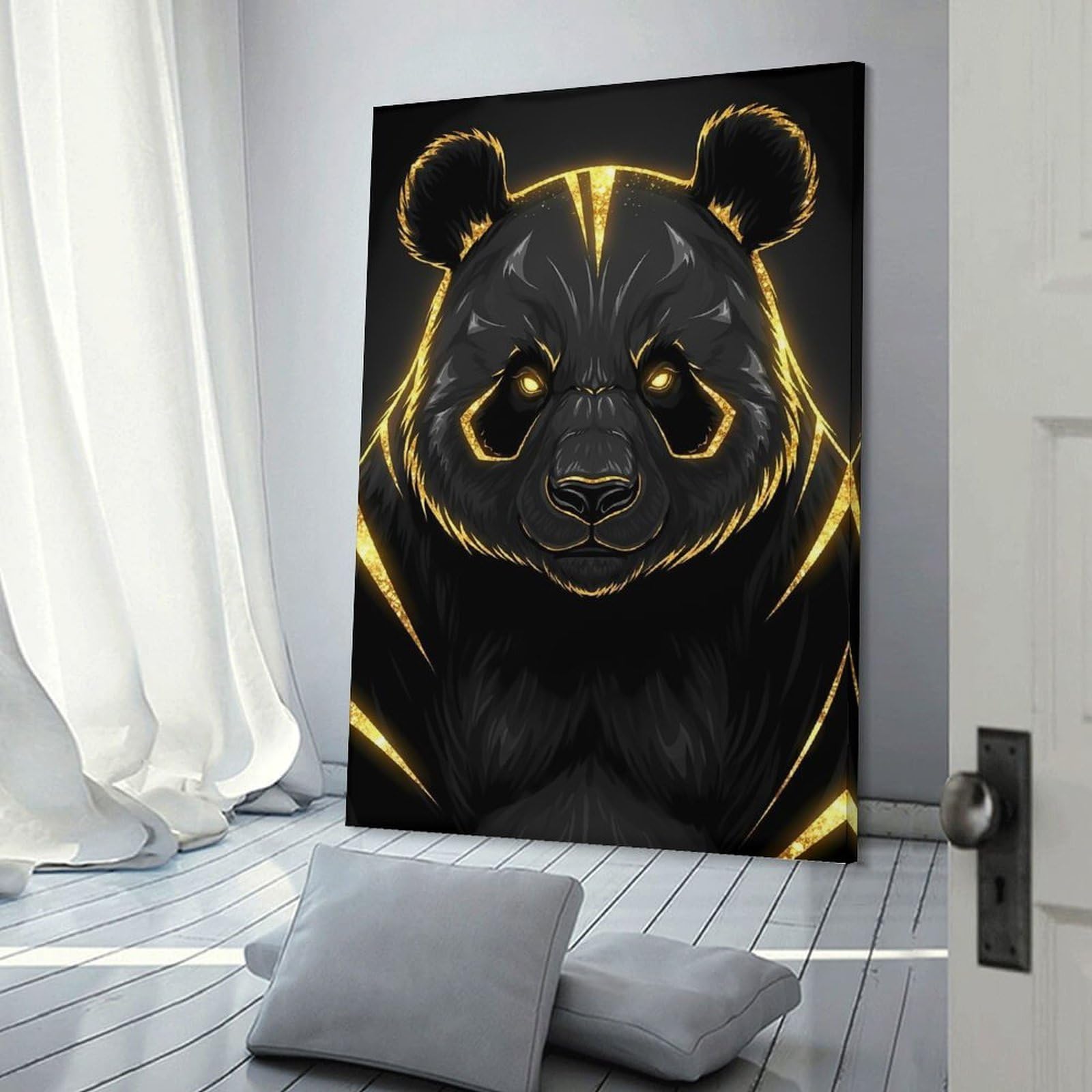Junmoney Frame-Style-19 Golden Panda Portrait On Black Background Room Decor Wall Art 16X24inch(40X60cm), For Lounge Decor, Offices Or Entryway Styling, A Flexible Wall Accent For Shared Spaces