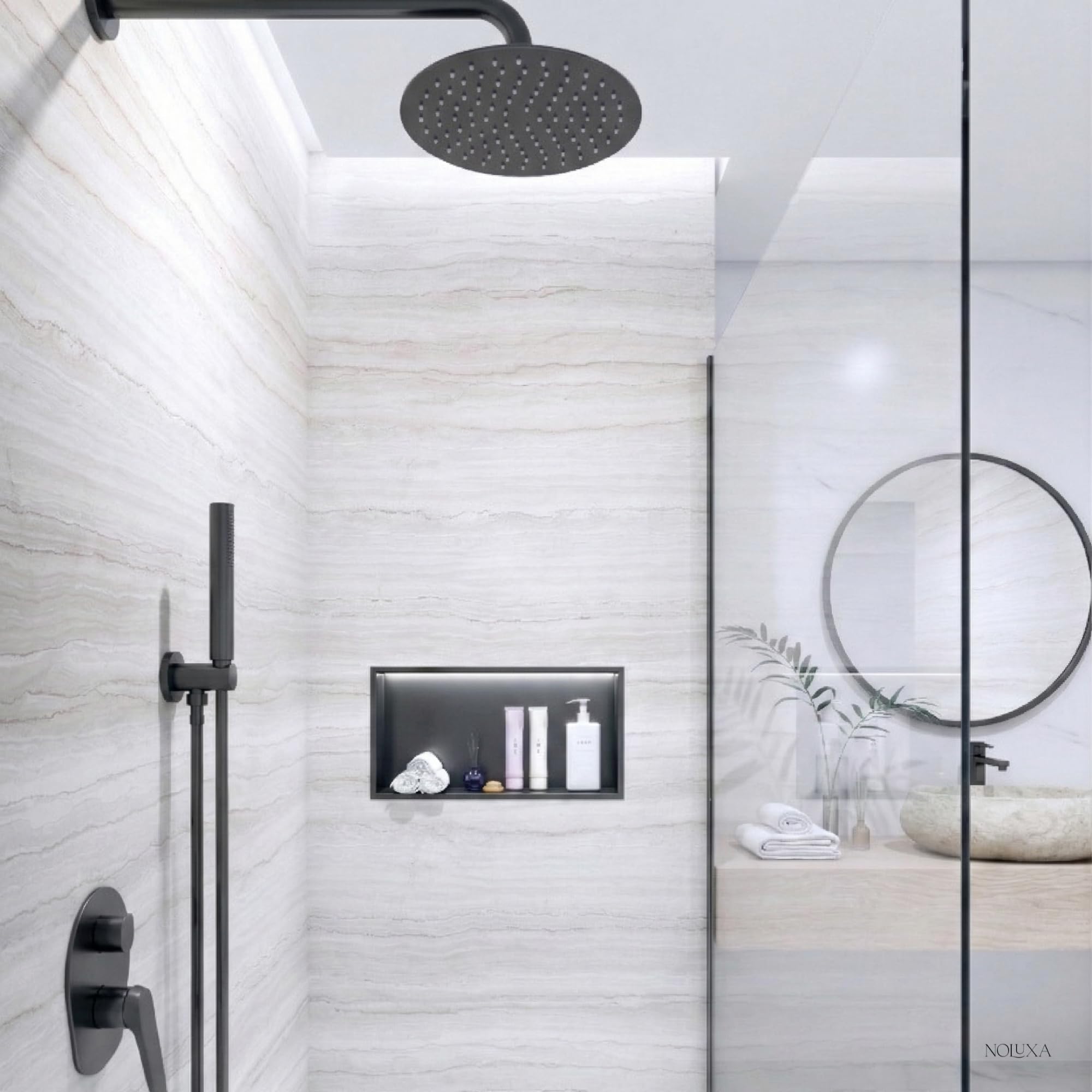 NOLUXA IMEX - Wbudowana nisza prysznicowa ze światłem LED 63 x 33 cm czarny | Prostokątny prysznic ze stali nierdzewnej S.304 | Kernat do łazienki wpuszczane na ścianę o głębokości 10 cm | Oceanic