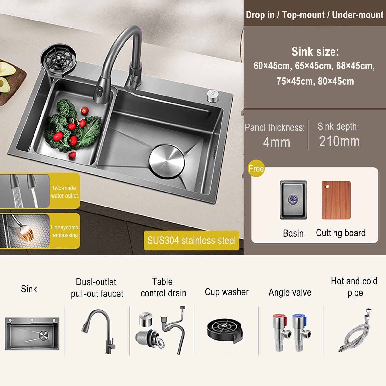 Fregadero de Cocina Moderno de Acero Inoxidable con Grifo extraíble, Fregadero para Lavar Verduras y Lavar Platos, Fregadero doméstico, Fregadero de Cocina Empotrado bajo encimera, Fregadero