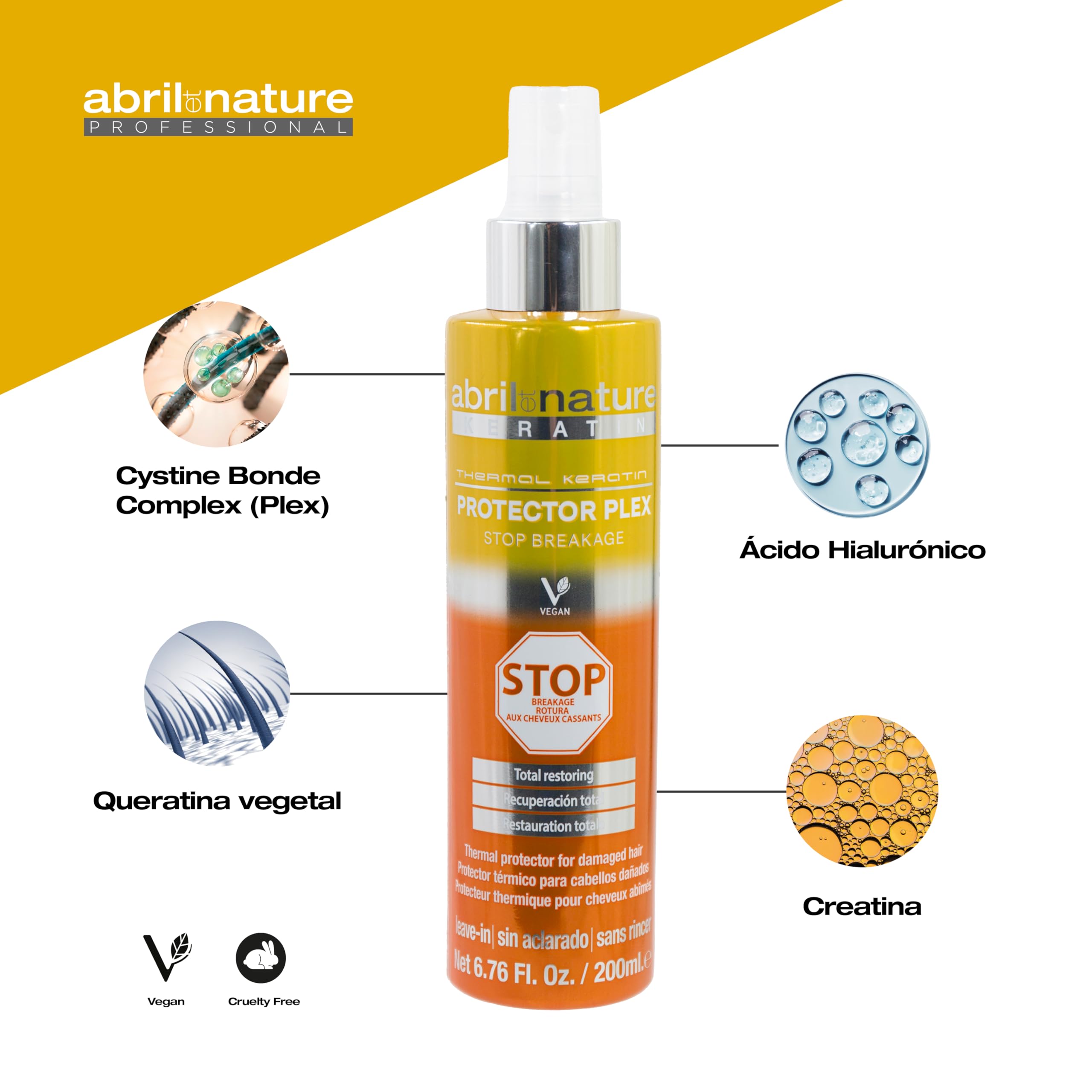 abril et nature - Protector Térmico Plex, STOP Rotura - Ideal para Cabellos Secos y/o Dañados - Protege el cabello del uso de Planchas y Secadores - Con Queratina - 200 ml