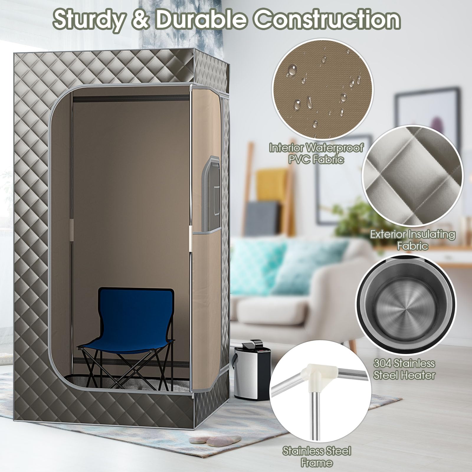 HOMASIS Sauna à Vapeur Portable 3L avec Générateur, Télécommande, 9 Niveaux de Température, Chaise Pliante Gris