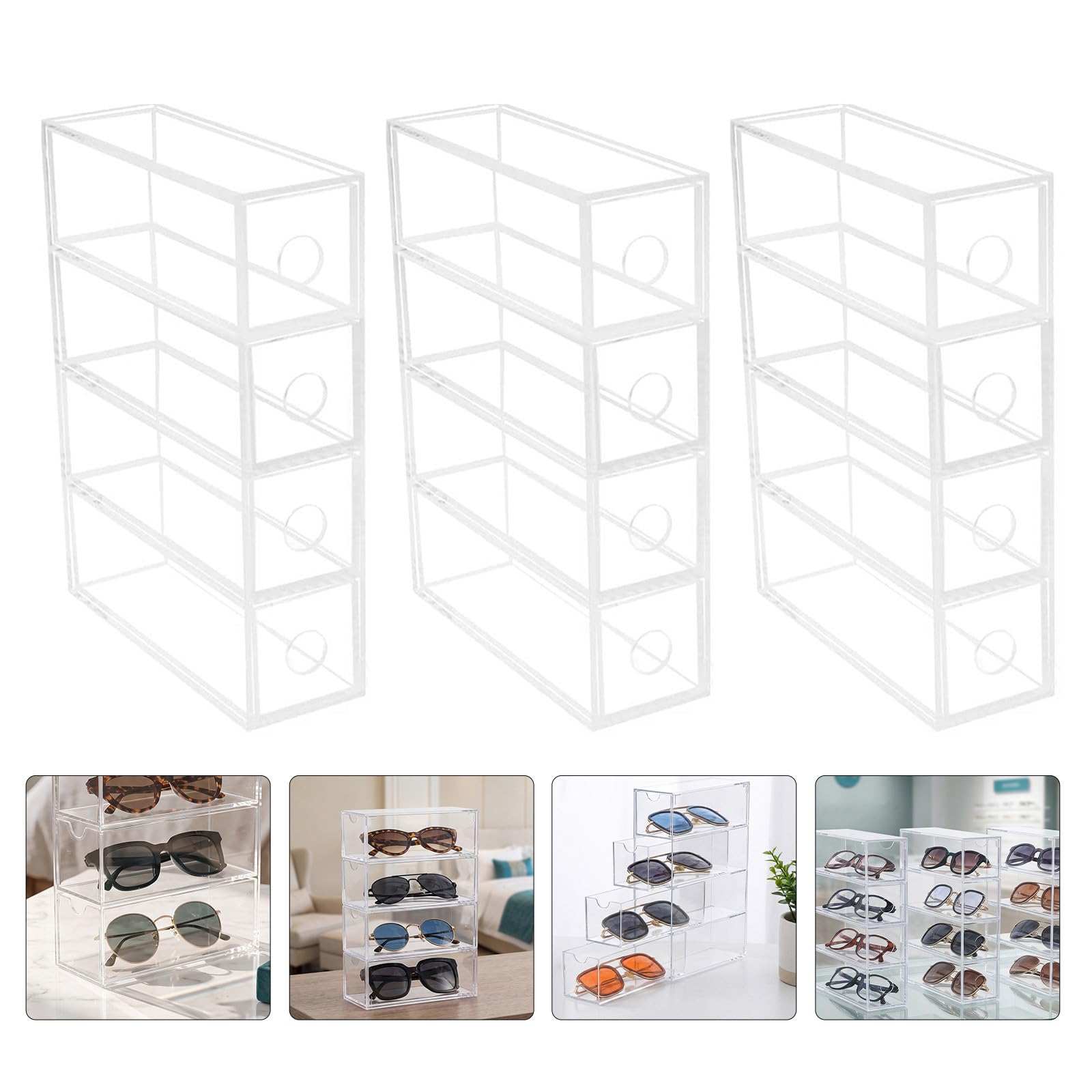 VICASKY 3 Stück Acrylbrillen Aufbewahrungsbox mit 4 Schubladen Transparentes Design für Organisierten Schutz und Stabile Lagerung von Sonnen und Lesebrillen im Einzelhandel