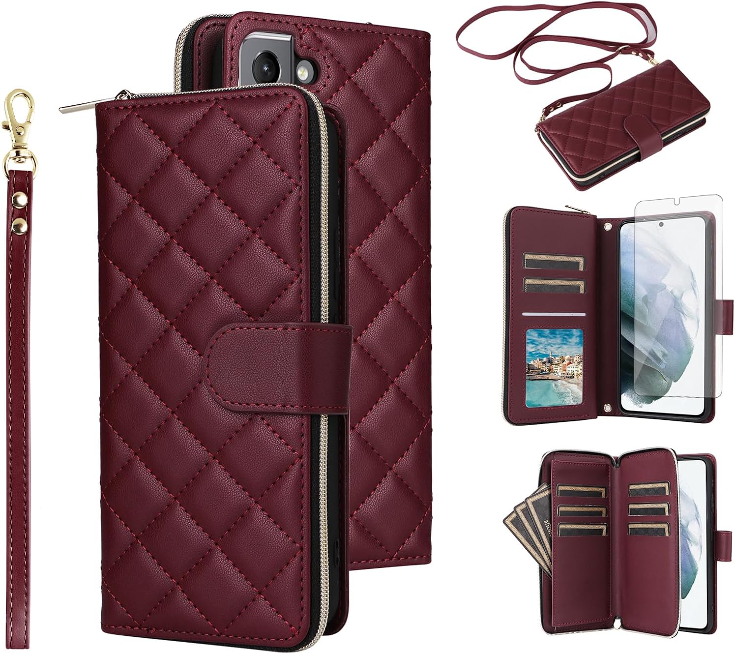 Asuwish Phone Case for Samsung Galaxy S21 5G 6.2 inch Wallet Cover with Tempered Glass Screen Protector Strap Card Holder Slot Stand PU Leather Flip Cell Pocket Zipper S 21 21S G5 Women Girls Red
