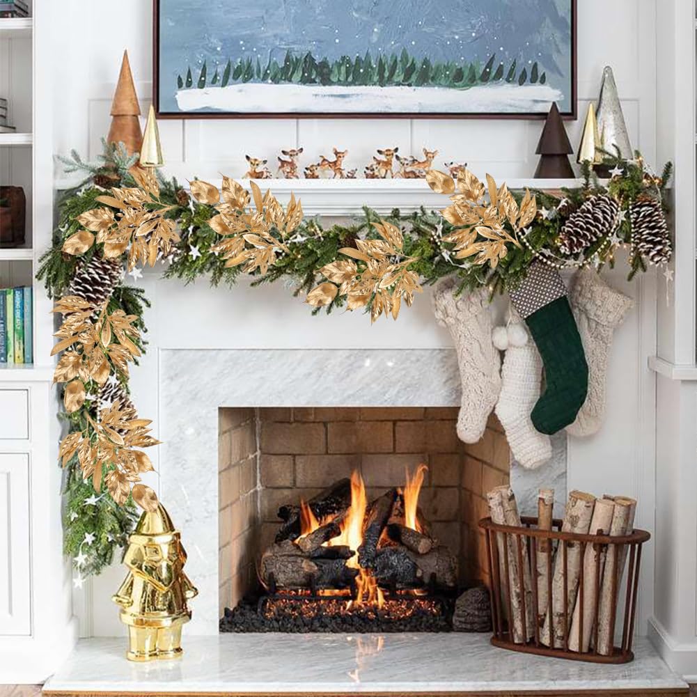 Künstliche Blätter für Weihnachtsdekoration, 50,8 cm, Metallic-Gold, künstliche Magnolie und Lorbeerblätter, künstliche tropische Blätter mit Stielen für Urlaub, Party, Dekoration, Weihnachtsmantel,