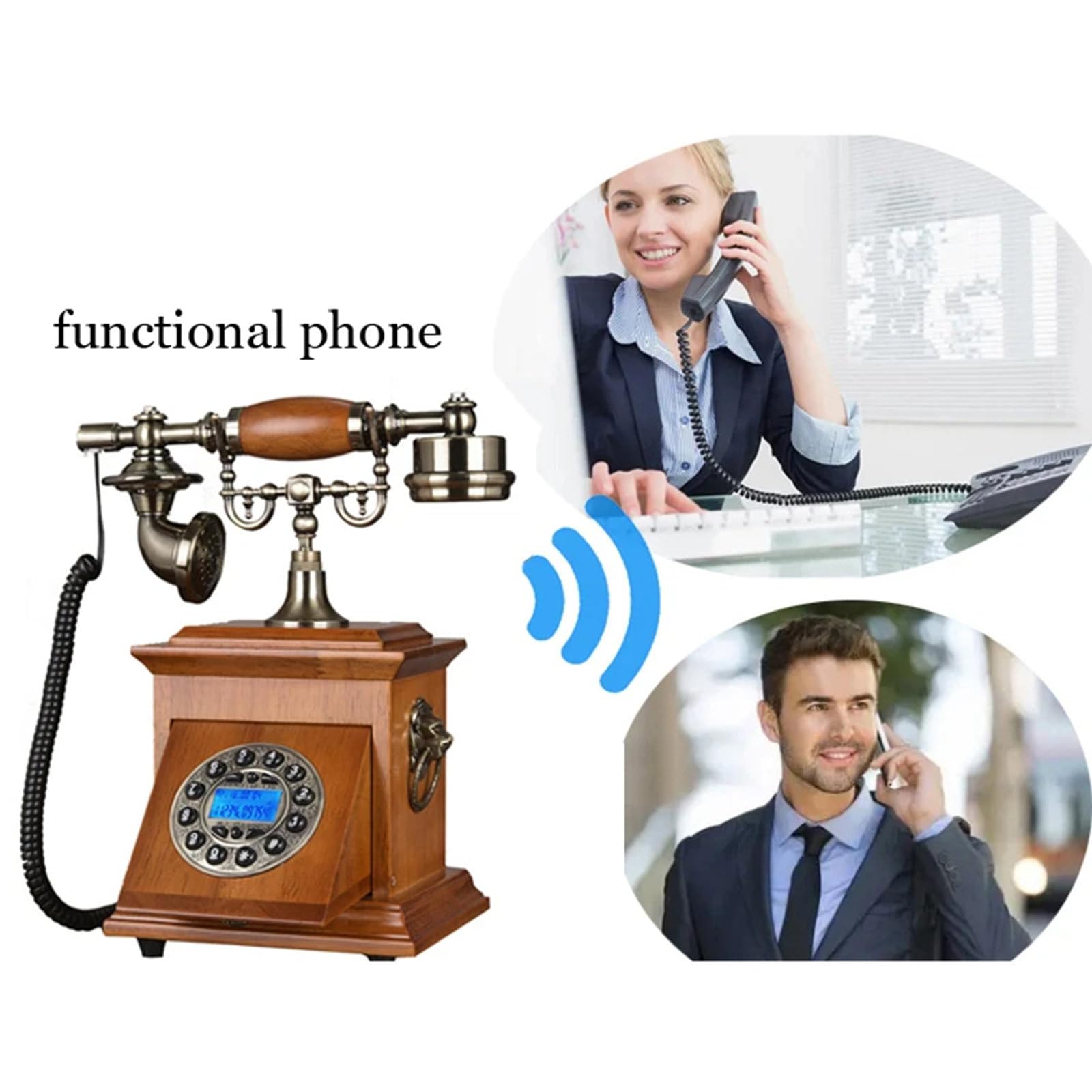 Telefon Retro (19X16X31Cm) - CałKowicie RęCznie Robiony, Telefon Stacjonarny Dla OsóB Starszych (Lite Drewno + Metal), Roczna Gwarancja, Do Salonu, Biura, Hotelu,A