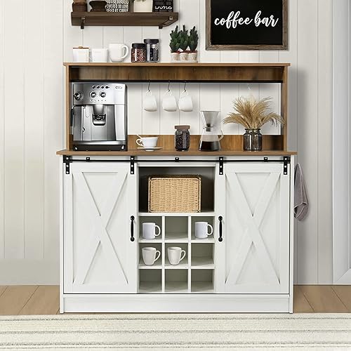 4ever2buy Barra de café de granja con 9 estantes de vino y 6 ganchos, gabinete de café blanco con gabinete, gabinete de buffet de cocina con puerta