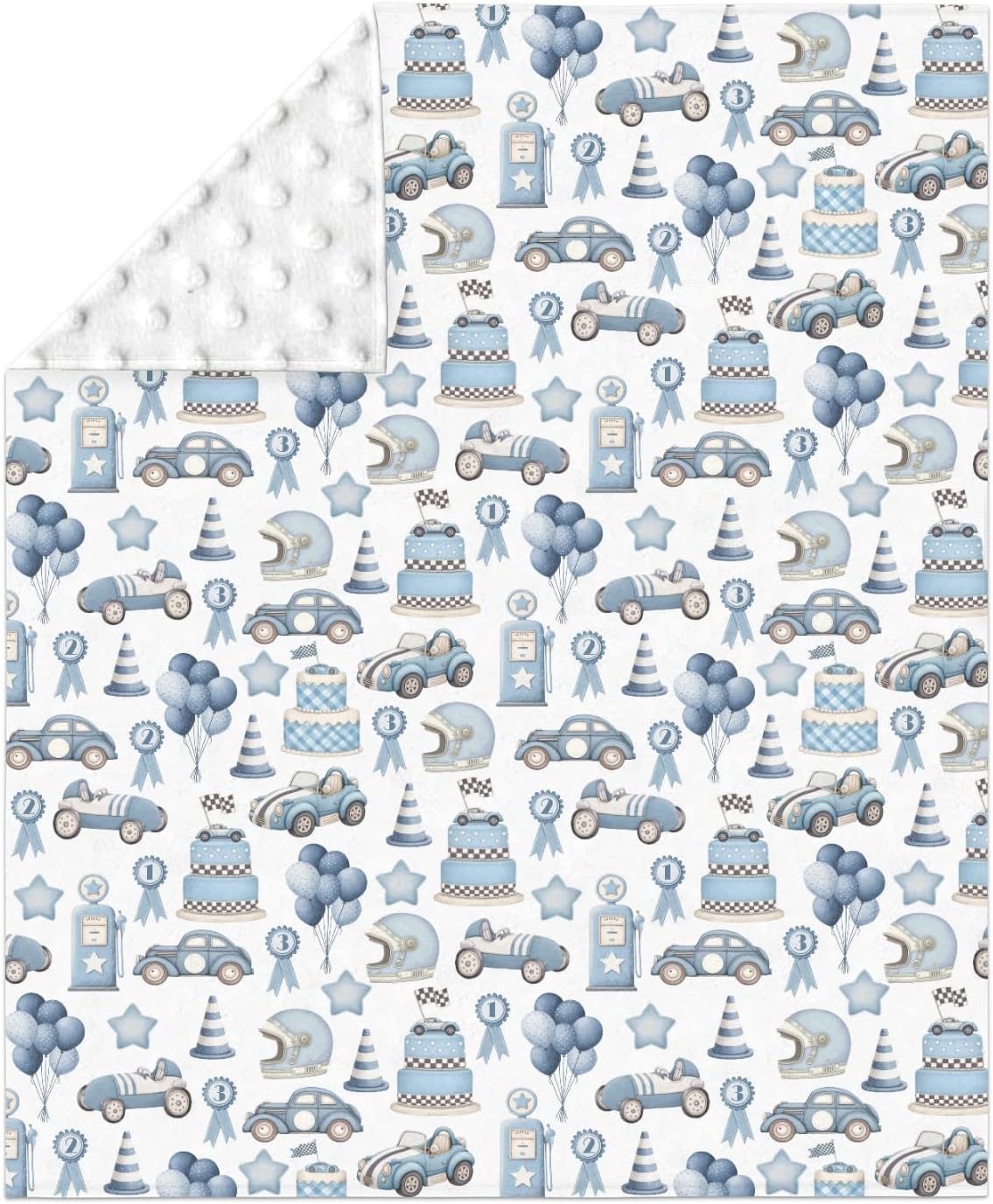 Watercolor Blue Racing Baby Blankets for Boy Blue Racecar Balloon Stars Cake Soft Mink Dotted Backing Double Layer Swaddle Blanket Vintage Racing Car Bed Throw for Newborn Infant Toddler Nursery 30x40