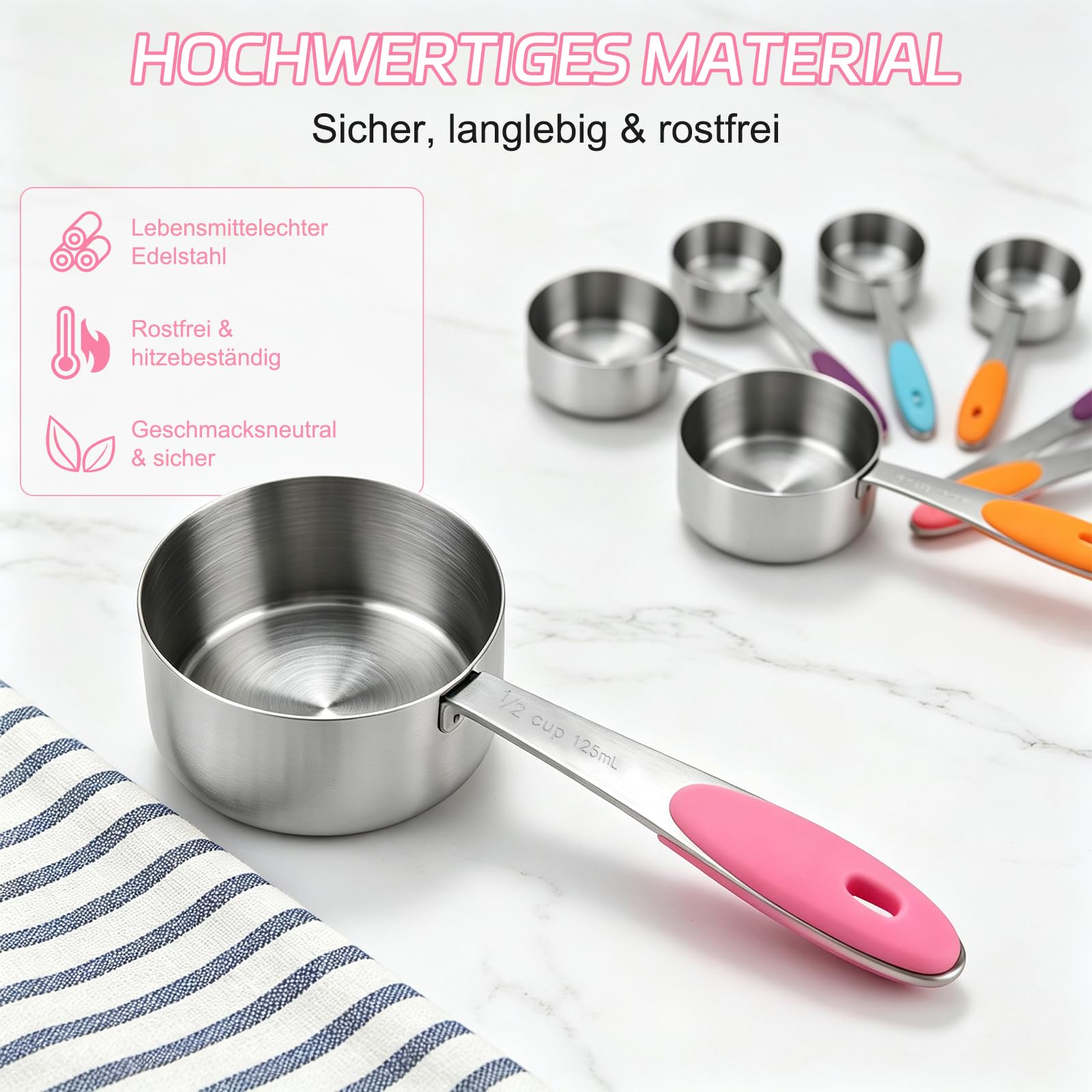 10-teiliges Messlöffel Set & Measuring Cups aus Edelstahl, bunte Messbecher & Löffel Set mit 2 Ringen, spülmaschinenfestes Backzubehör für Küche & Kochen