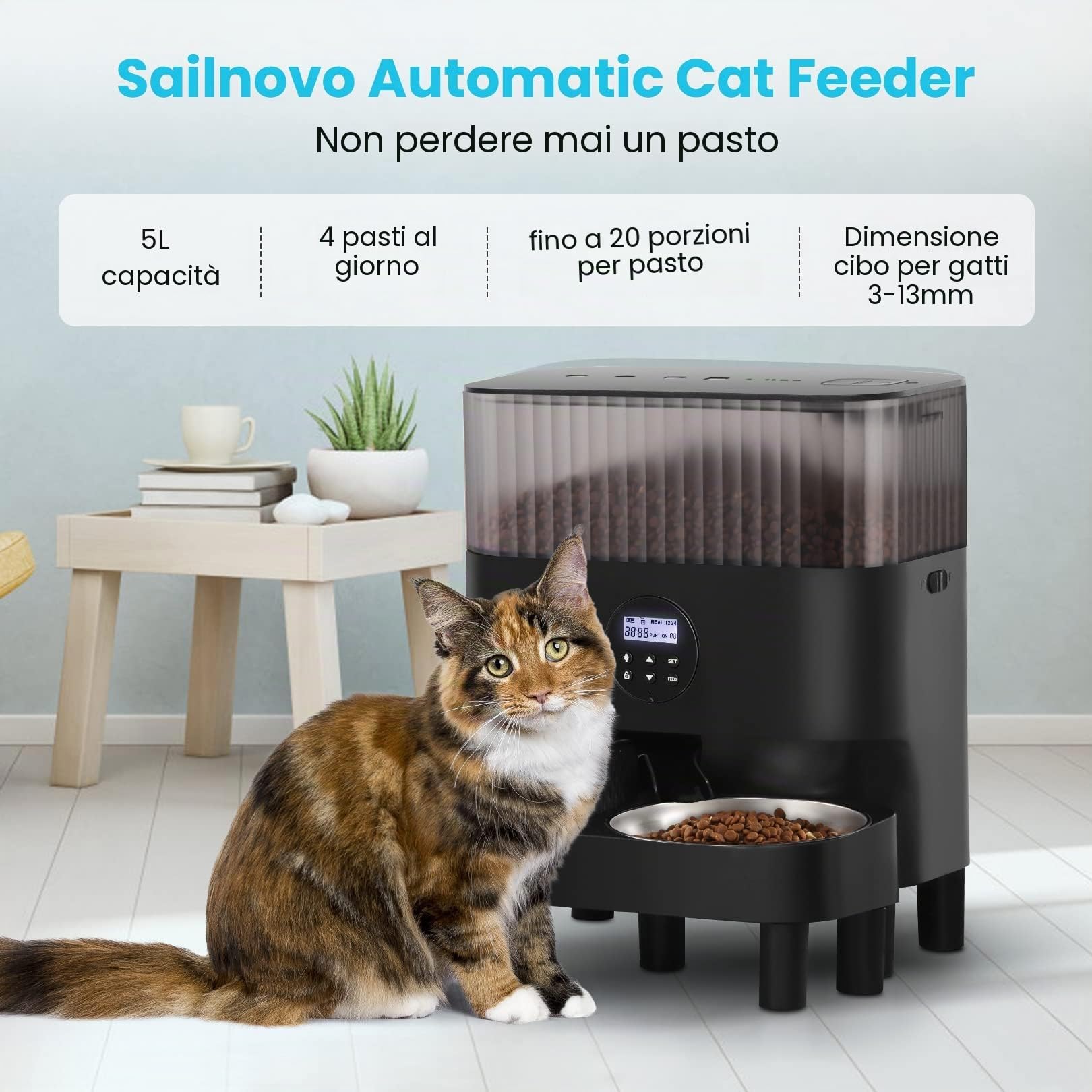 Sailnovo Futterautomat Katzen & Hunde, 5L Automatischer Futterspender für Hunde mit Zwei Stahlschalen, Portionskontrolle, Sprachaufzeichnung, bis zu 4 Mahlzeiten pro Tag, Schwarz