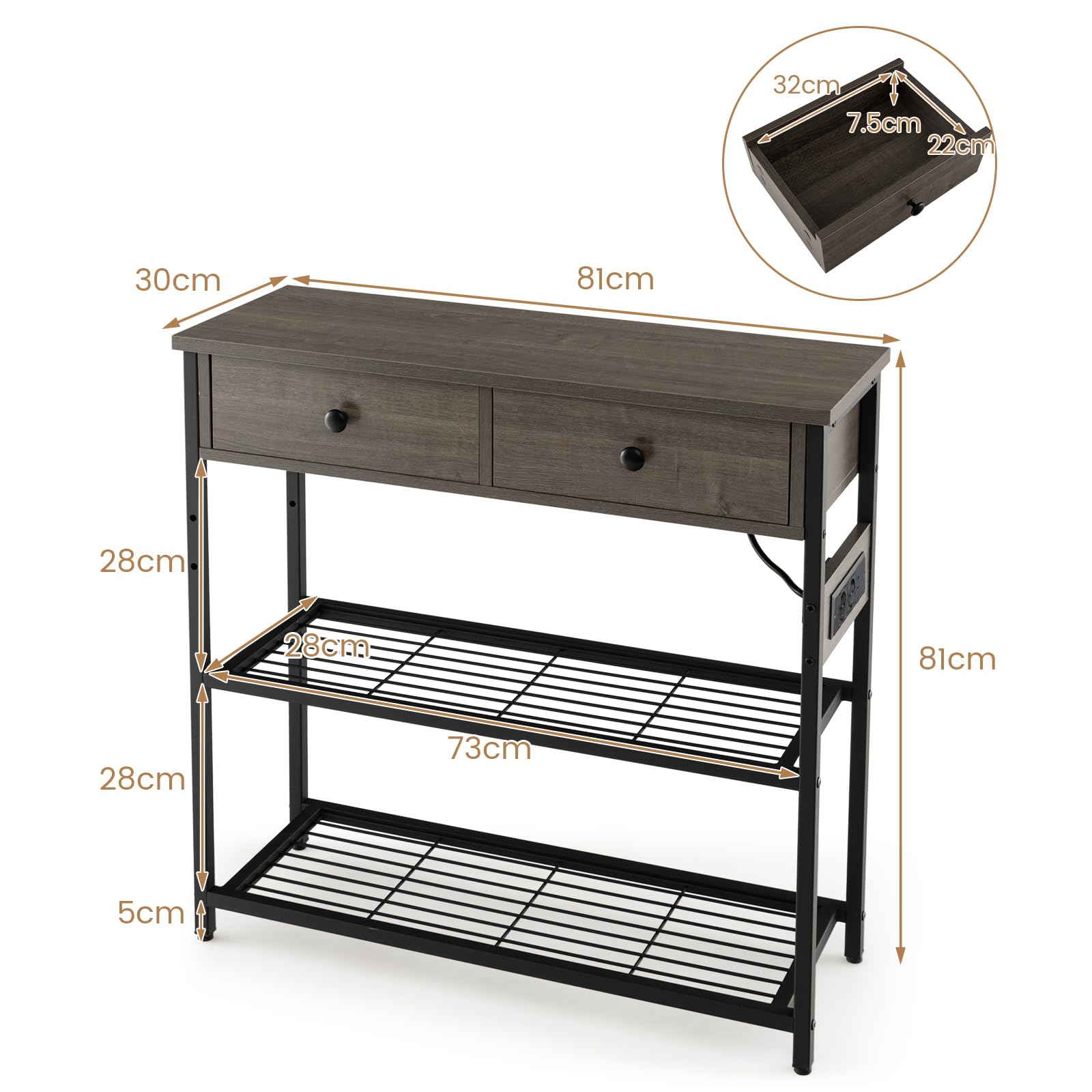 LIFEZEAL Tavolo consolle con presa elettrica, tavolo da corridoio industriale con porte USB, tavolo d'ingresso con ripiani e cassetti, tavolino sottile, 81x30x81 cm (grigio)