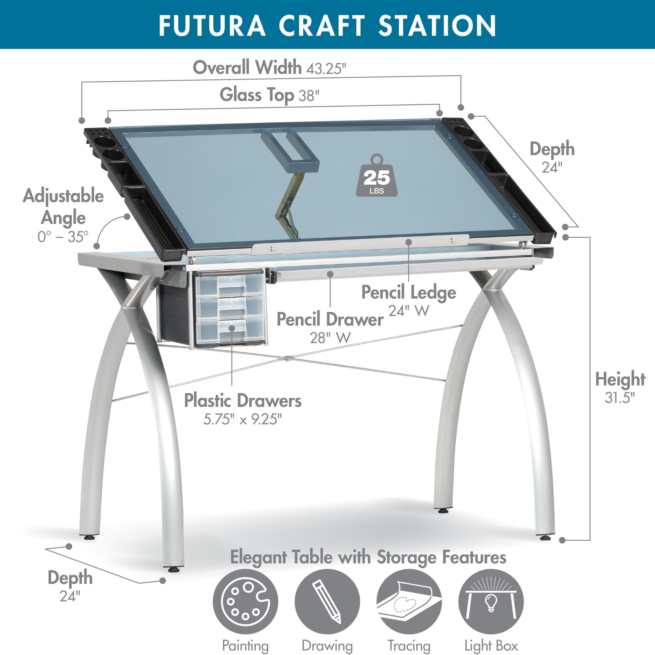 SD STUDIO DESIGNS Futura Crafting, Drafting, Drawing Table with Adjustable Top, Silver/Blue Glass