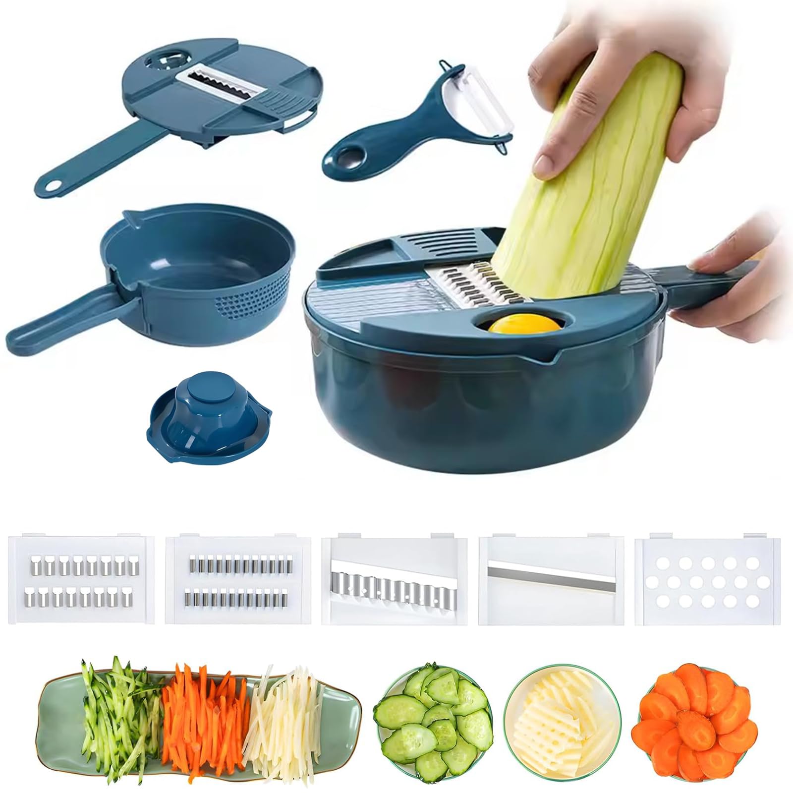 Uck-Kit Blue Vegetables Cheese Grater Tool Set Multifunctional Vegetable Cutter With Drain Basket, Vegetable Slicer, Kitchen Gadgets Veggie Peeler Shredder Set,,7 In 1