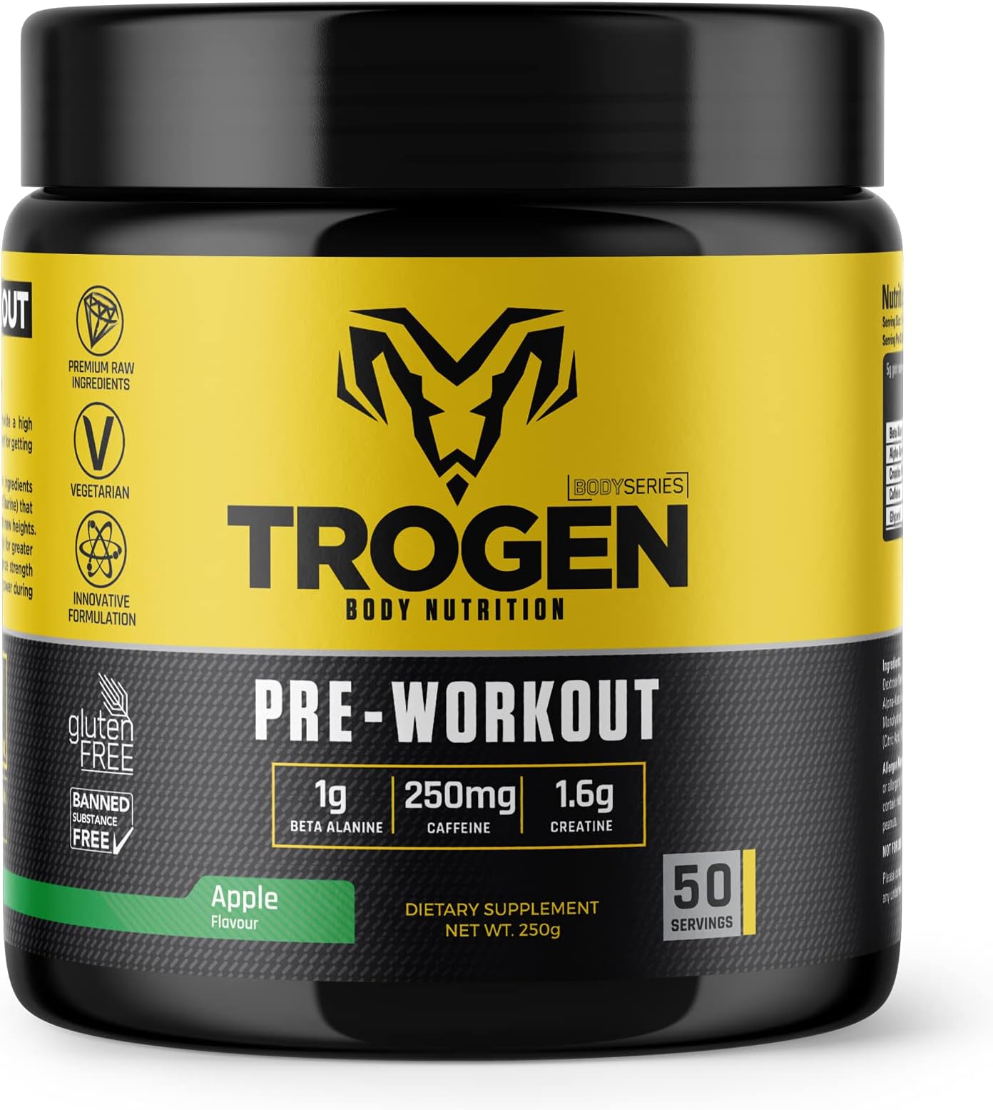 TrogenPre Workout - Extreme Energy Boost - Energy Drink Supplement with Creatine Monohydrate Powder, Caffeine & Beta Alanine - Powerful Performance & Endurance Boost - Apple - 250 g