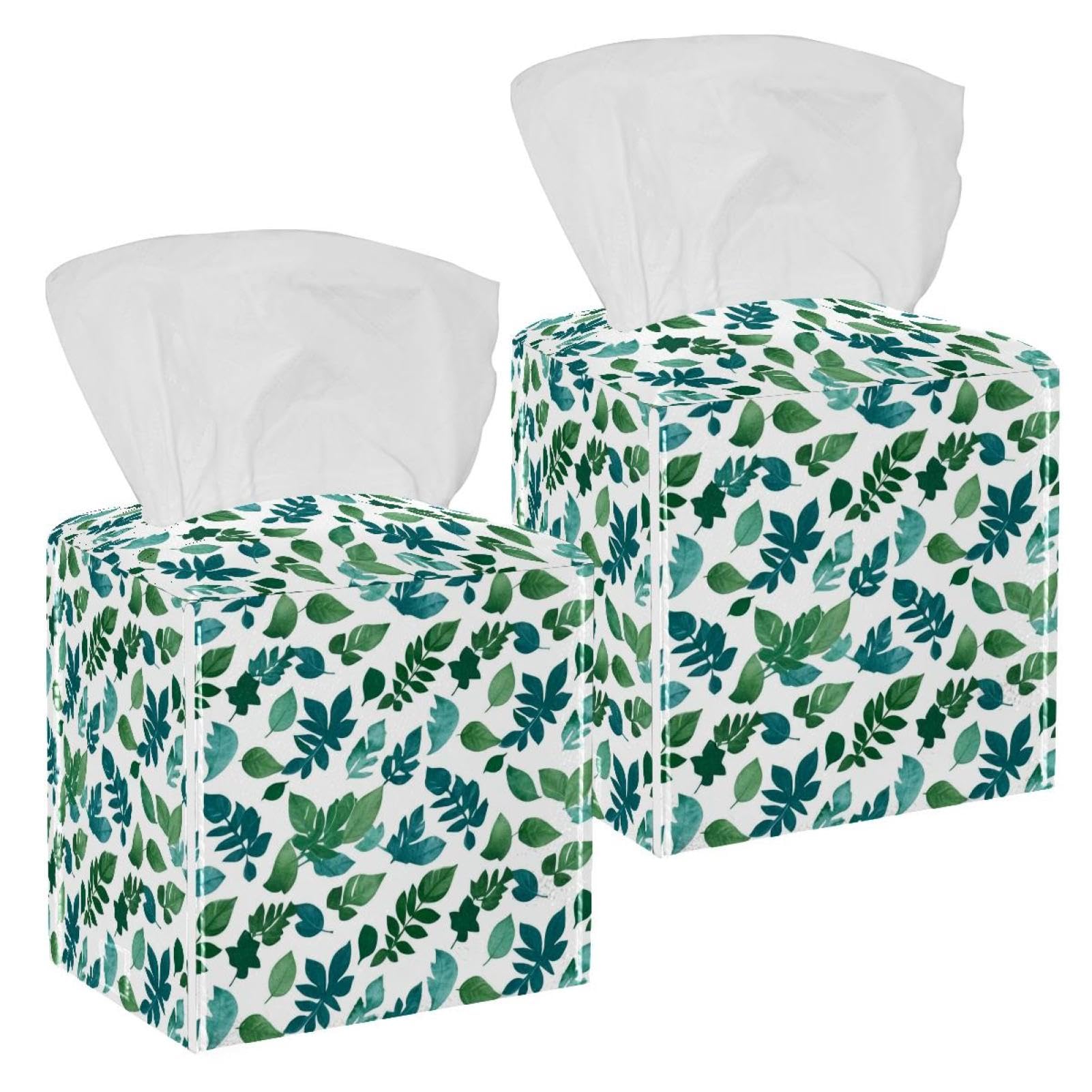 Artistic Leaves Tissue Box Cover, 2 Pack PU Leather Square Facial Tissue Dispenser Box holder for Home Office Car