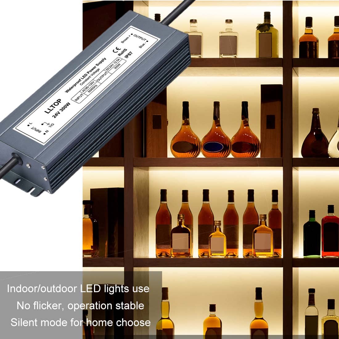 LLTOP Zasilacz LED, 24 V, 12,5 A, 300 W, sterownik LED, AC 90-130 V na 24 V DC, konwerter, transformator niskiego napięcia, wodoszczelny, do użytku wewnątrz i na zewnątrz, oświetlenie LED