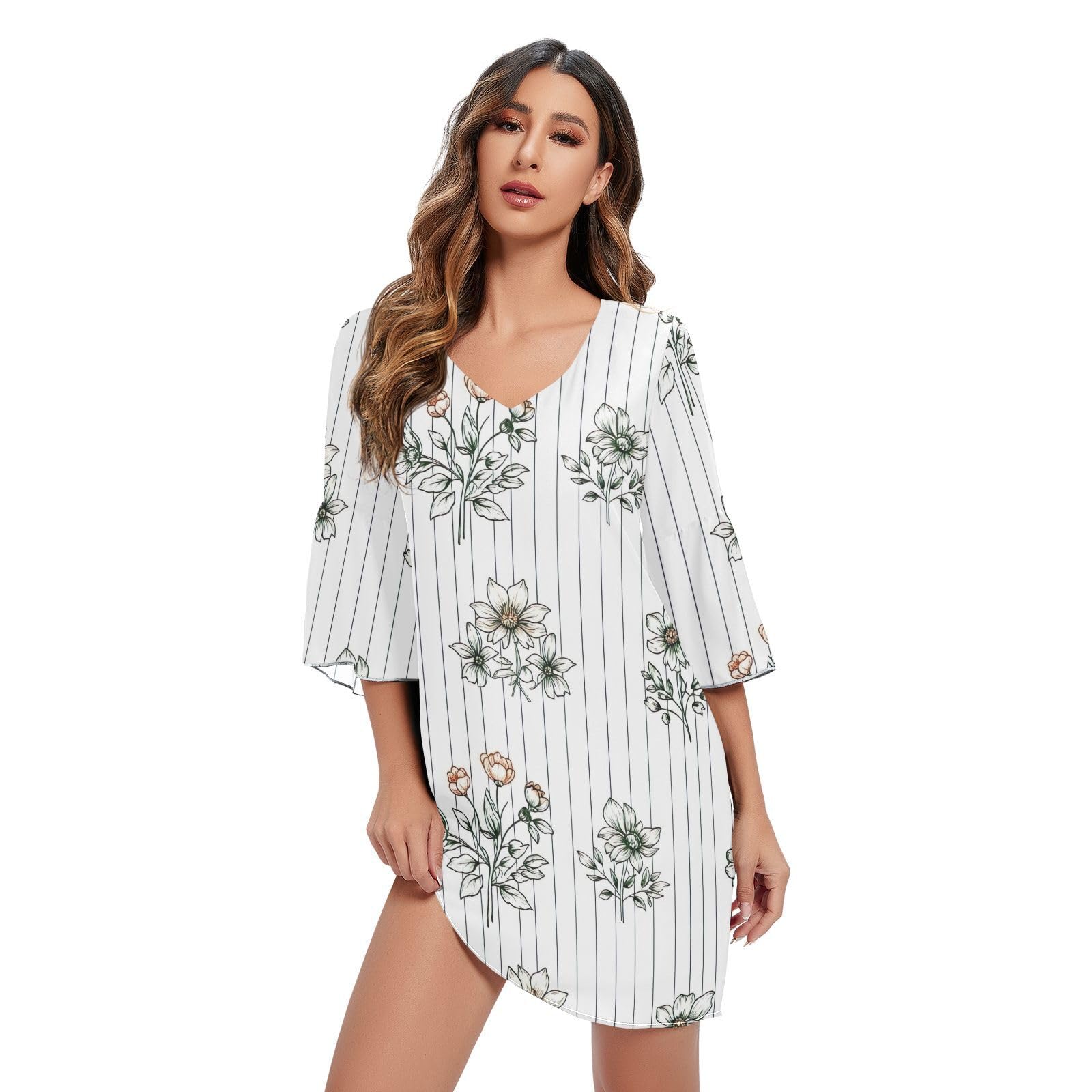 Robe col V fluide masquant les imperfections à motif fleurs blanches - 7