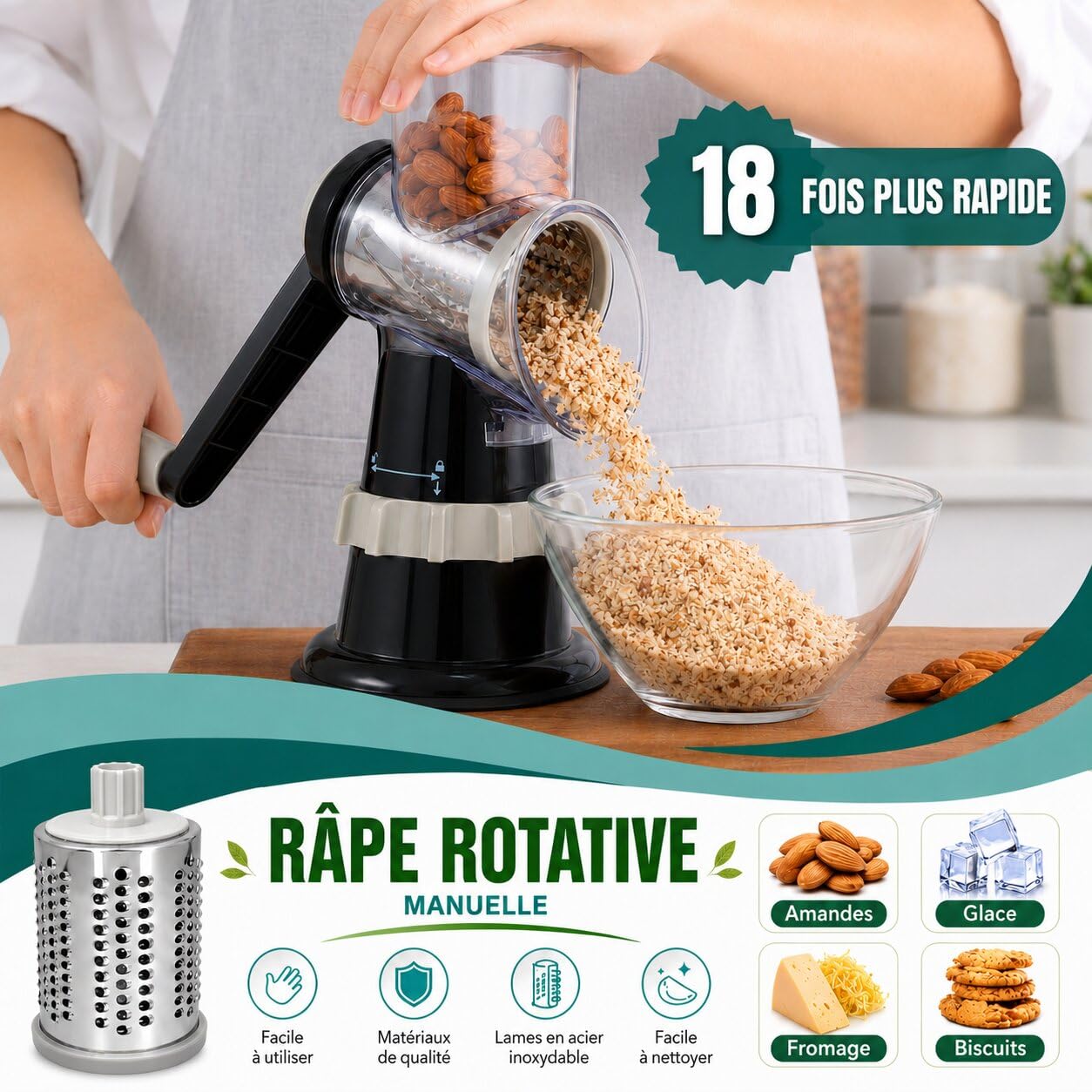 NAMAI - Rapeuse Legume Avec 3 Tambours en Acier Et 1 Piston