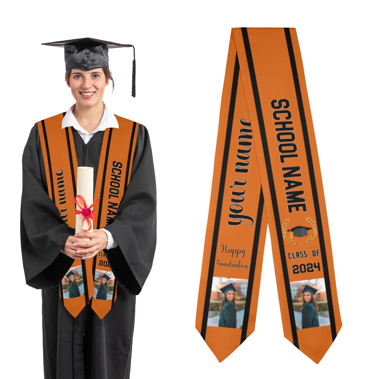 XOZOTY Graduation Sash Custom Orange Graduation Scarf Stoles for Graduation 2024 Personalized Photo Name School Name Gifts 71.6 Inch