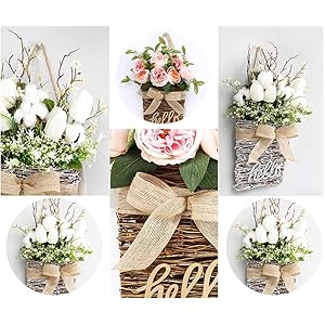 Cream Hydrangea Door Hanger Basket Wreath 2024 Wildflowers Door Hanging Basket Wreath Front Door Beautiful Artificial Spring and Summer Wreath Welcome Sign Home Porch Farmhouse Decor B
