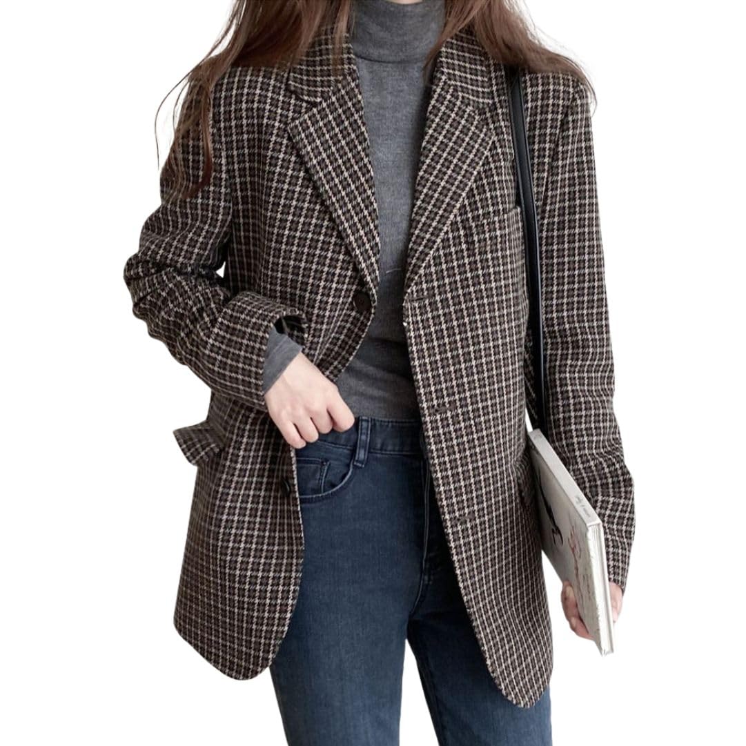 chouyatou Womens Plaid Fall Winter Business Casual Wool Blazer Jacket Single Breasted Dressy Work Coat