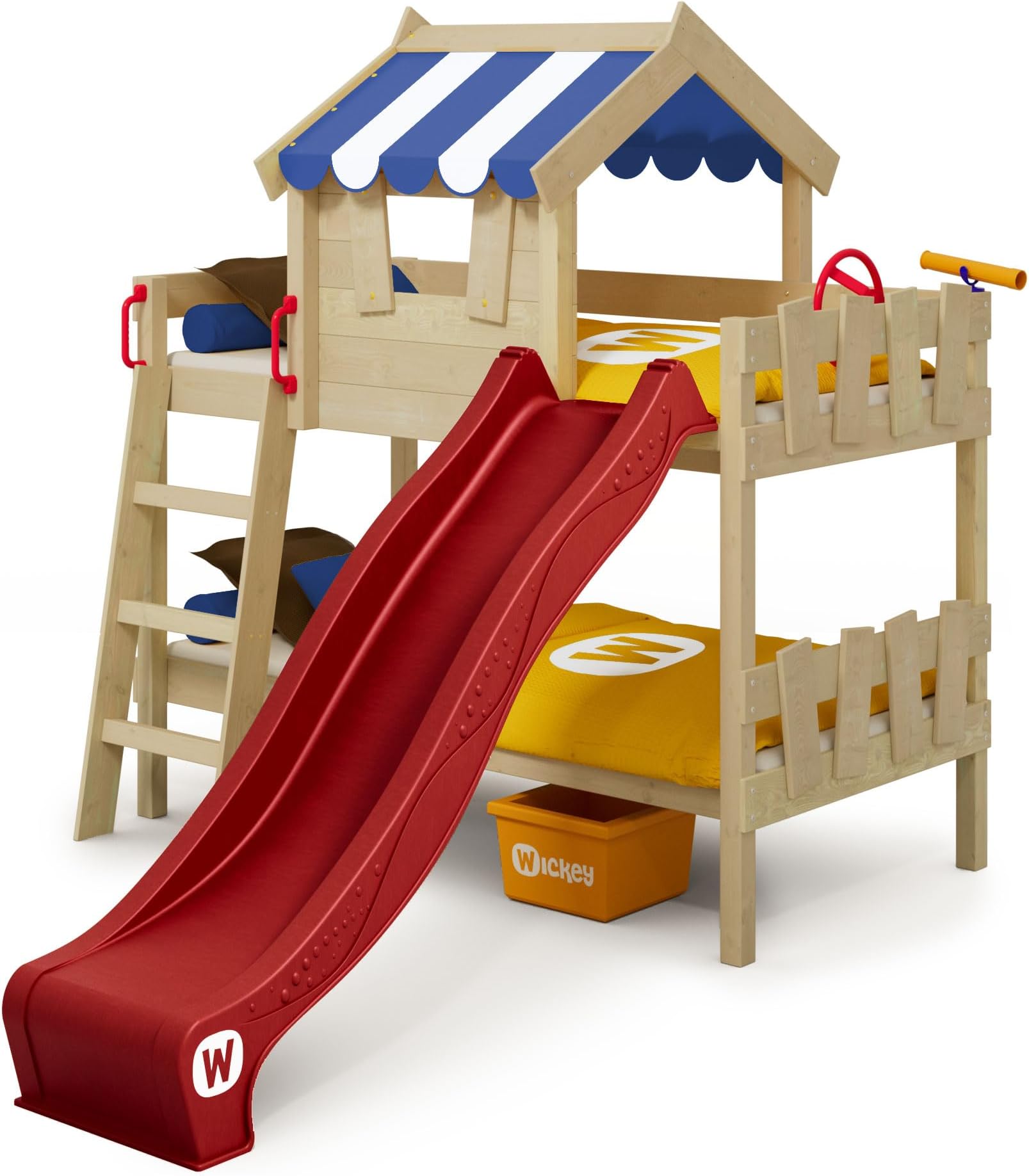 WICKEY Bunk beds Crazy Circus Children`s Bed loft Bed with Slide, roof and slatted Bed Base, Blue tarp + red Slide