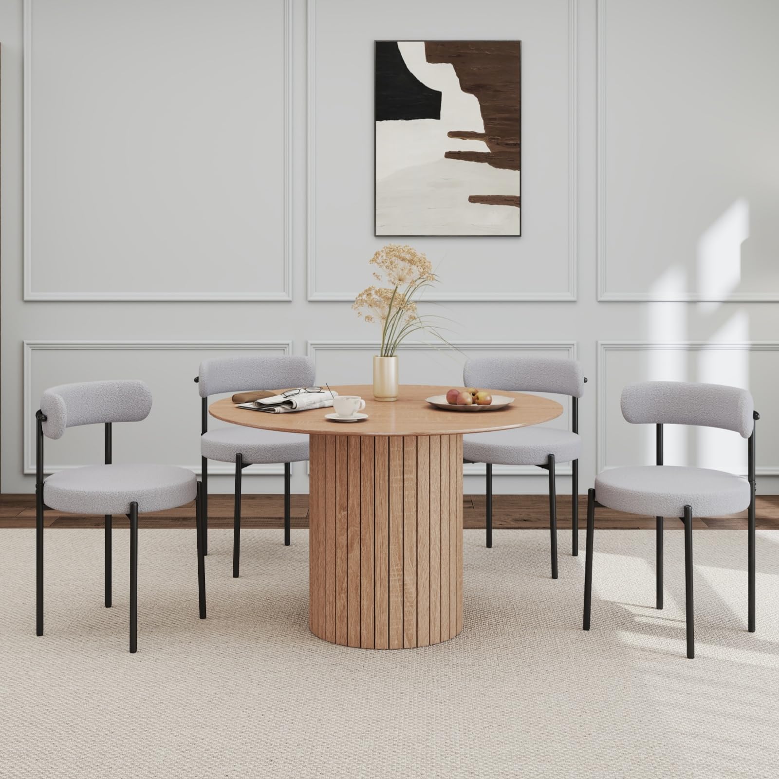 GrandCA HOME Conjunto de Mesa y Sillas de Comedor, Mesa de Comedor Redonda de Madera de 120 cm + 4 Sillas, para 4-6 Personas, en Marrón Claro y Gris