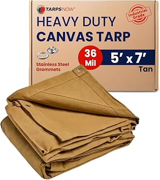 Tarps Now 5x7 ft Heavy Duty Canvas Tarp | 36 MIL Water Resistant with Stainless Steel Grommets - Premium 16 oz A-Grade Tarpaulin for Roof, Camping, Truck Bed, Firewood - Durable Outdoor Cover Tan