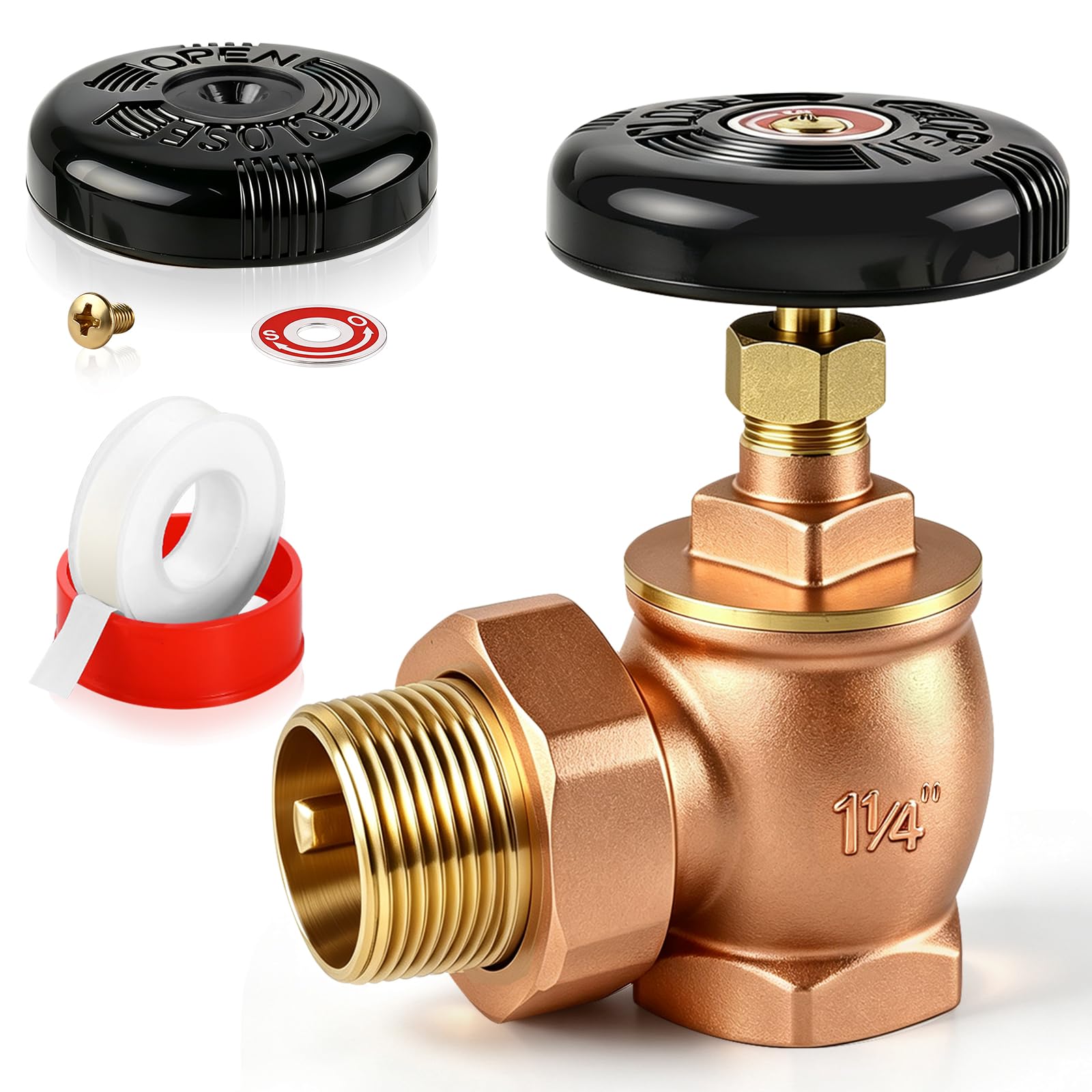 1.25'' Heavy Duty Steam Heat Control Valve with Replacement Handle & PTFE Tape for Old Radiator Replacement, 72 WSP 145 WOG Brass Steam Radiator Valve, 1-1/4'' NPT Angle Radiator Control Valve Kit