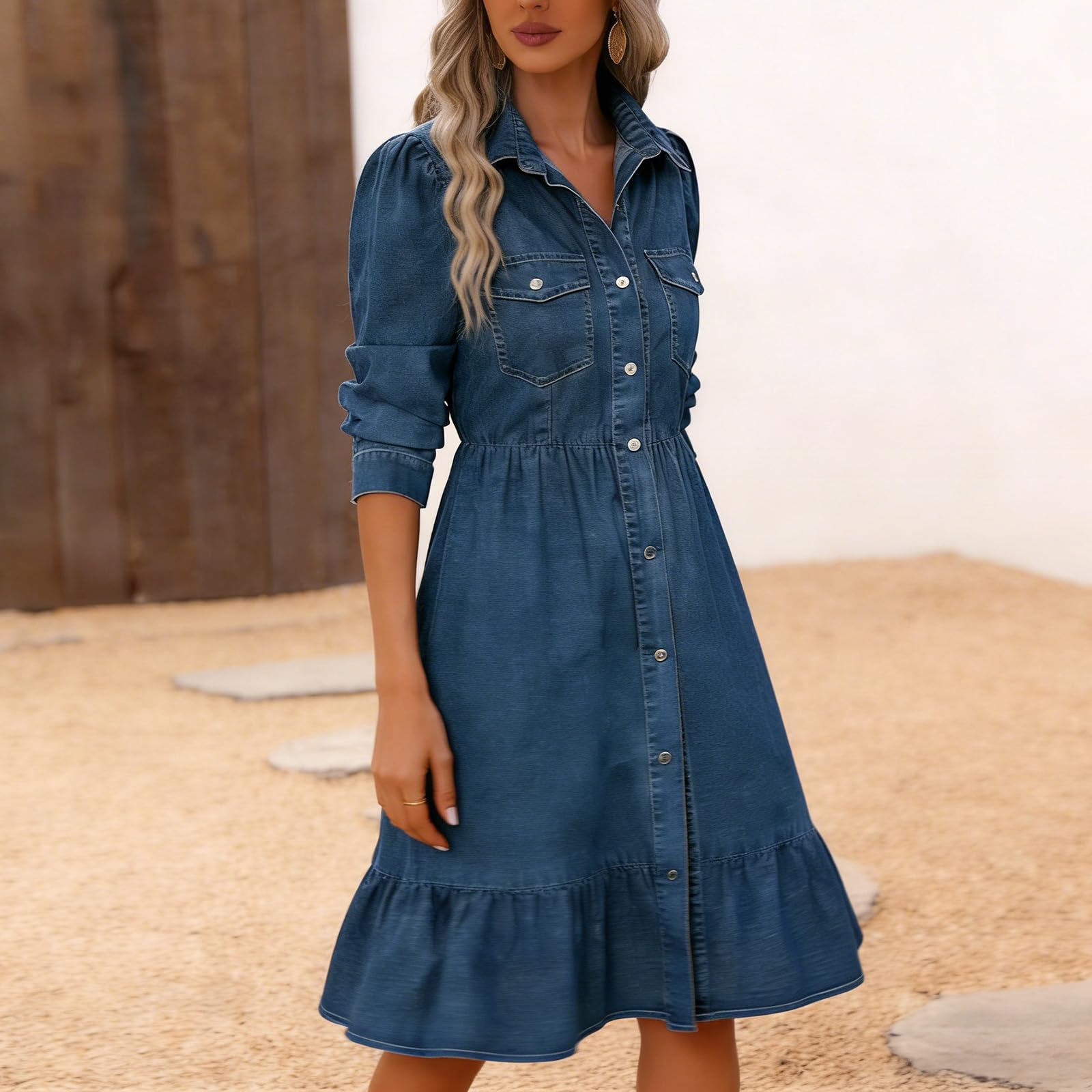 Générique Robe en Jean Femme Midi Col Rabat Manches Longues Boutonnage Devant Volants Bas Robe Décontractée Élégante pour Journée et Sortie