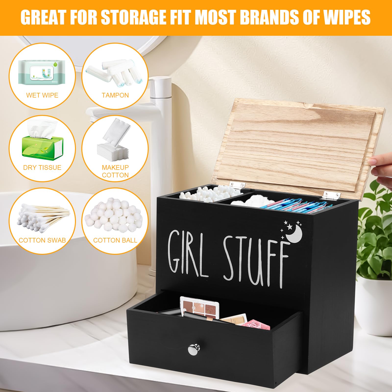 Caja Para Compresas y Tampones, 2 Compartimentos Caja Tampones con Tapa Organizador de Compresas y Tampones Dispensador de Almohadillas de Algodón para Baño, Tocador, Salón, Nergo