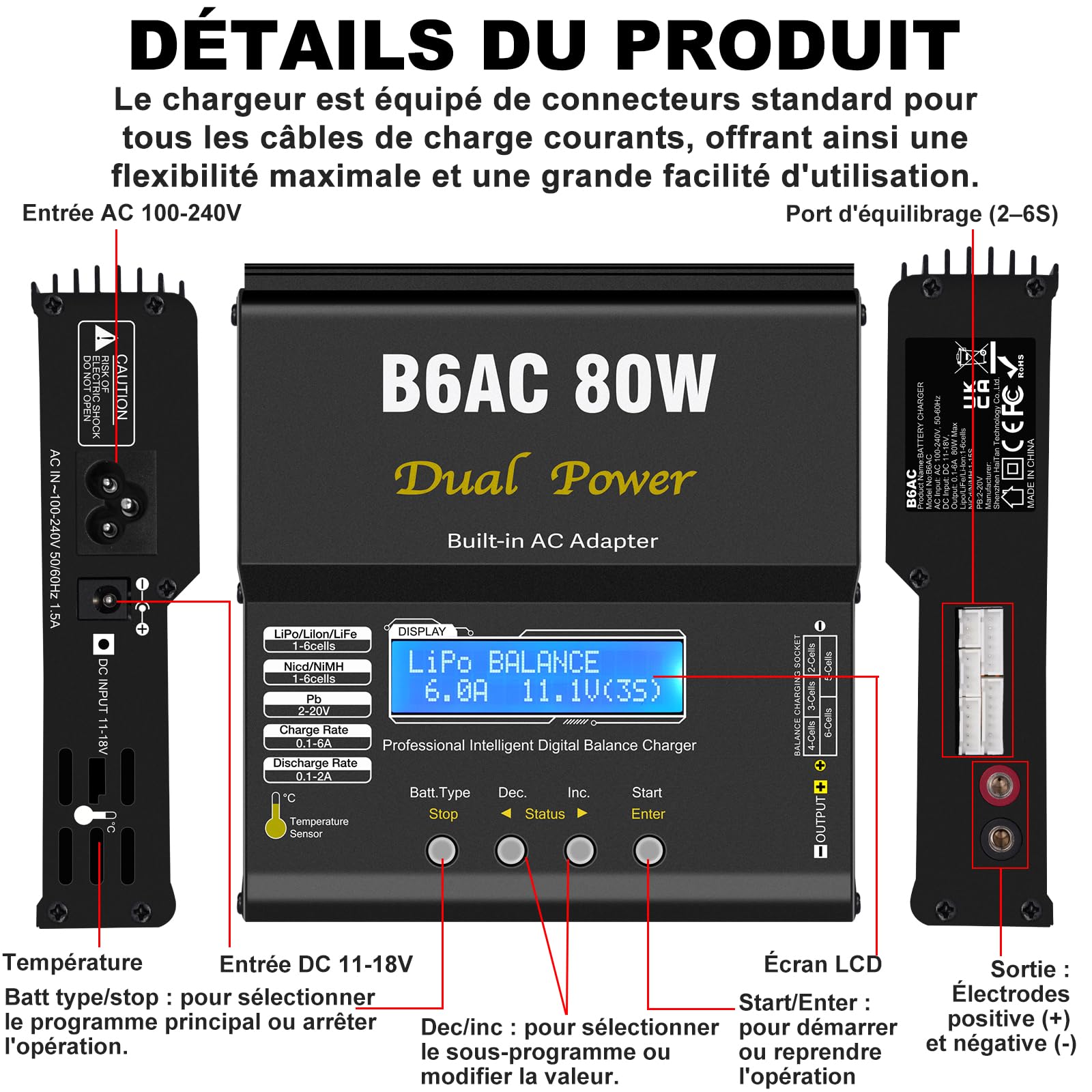 HTRC Chargeur Batterie LiPo, 80W 6A Chargeur LiPo RC pour Batteries LiPo/Li-ION/Life (1-6 Cellules), NiMH/NiCd (1-15 Cellules) et PB (2-20V), équipé de Connecteurs XT60/Prise T/Tamiya/Pince Crocodile
