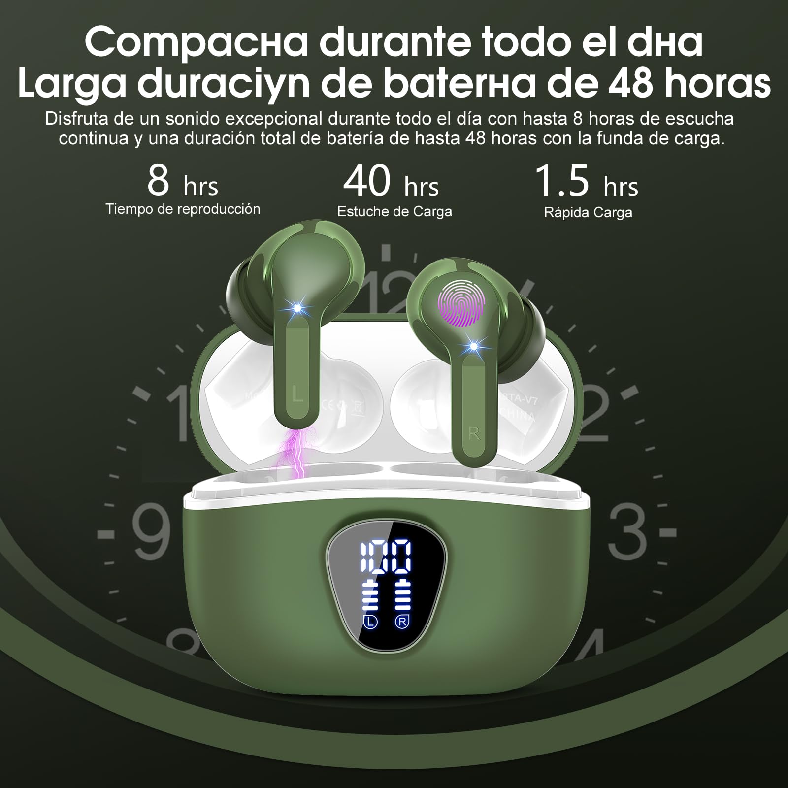Auriculares Inalámbricos Bluetooth, Auriculares Bluetooth 5.4 con Controlador de 14,2 mm, Sonido Envolvente, 48H Cascos Inalámbricos con Reducción de Ruido, Pantalla LED, IP7 Impermeable, Retro Verde
