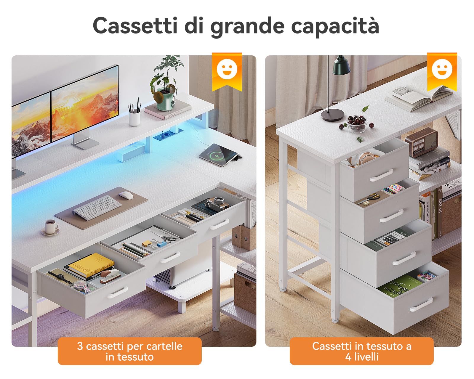 Coleshome Tavolo da Gaming con Luci LED RGB, Scrivania Angolare con 7 Cassetti e Ampio Spazio di Archiviazione, Scrivania a Forma di L Reversibile con 2 Prese, Bianco, 179.5×135.5cm