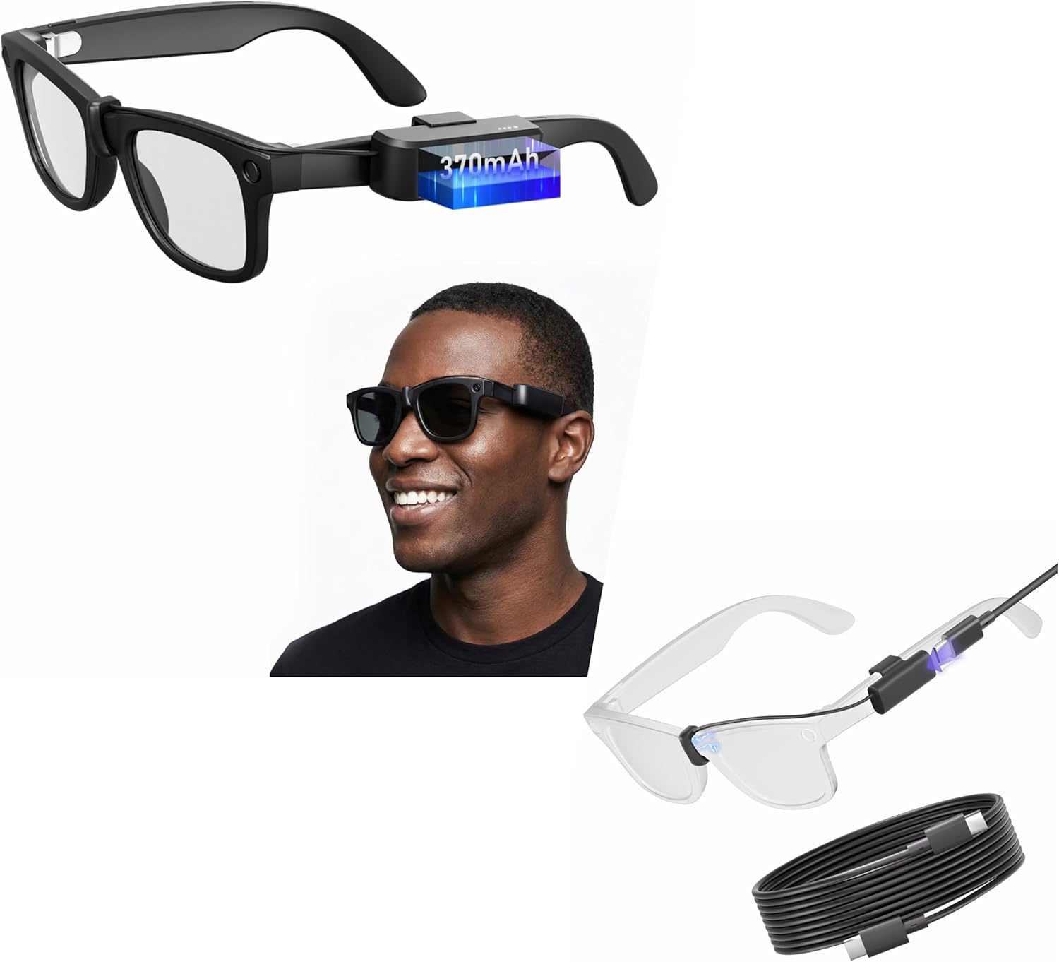 Wearable Battery Pack Charger + Charging Cable Accessories Compatible with Ray-Ban & Oakley Meta Smart Glasses Gen 1 & Gen 2, Ultra-Light Mini Power Bank with Always-On Short Cord and Bonus 1m USB-C C