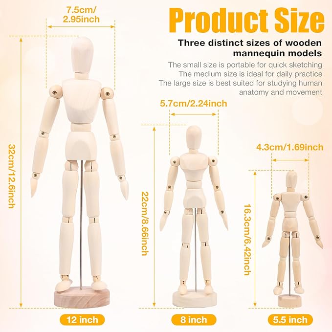 3 Figuras de Madera para Dibujo, Maniquí Articulado 16-32cm miniatura 3