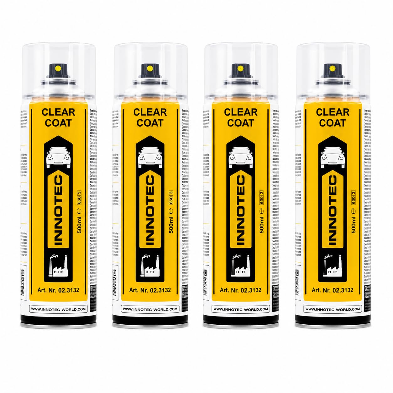 4 Stück Innotec Klarlack Clear Coat - transparent glänzend - für ein glänzendes Finish - zum Fixieren und Schützen der Lackierung - Klarlack Spray - glänzender Autolack - schnelltrocknende - 500ml
