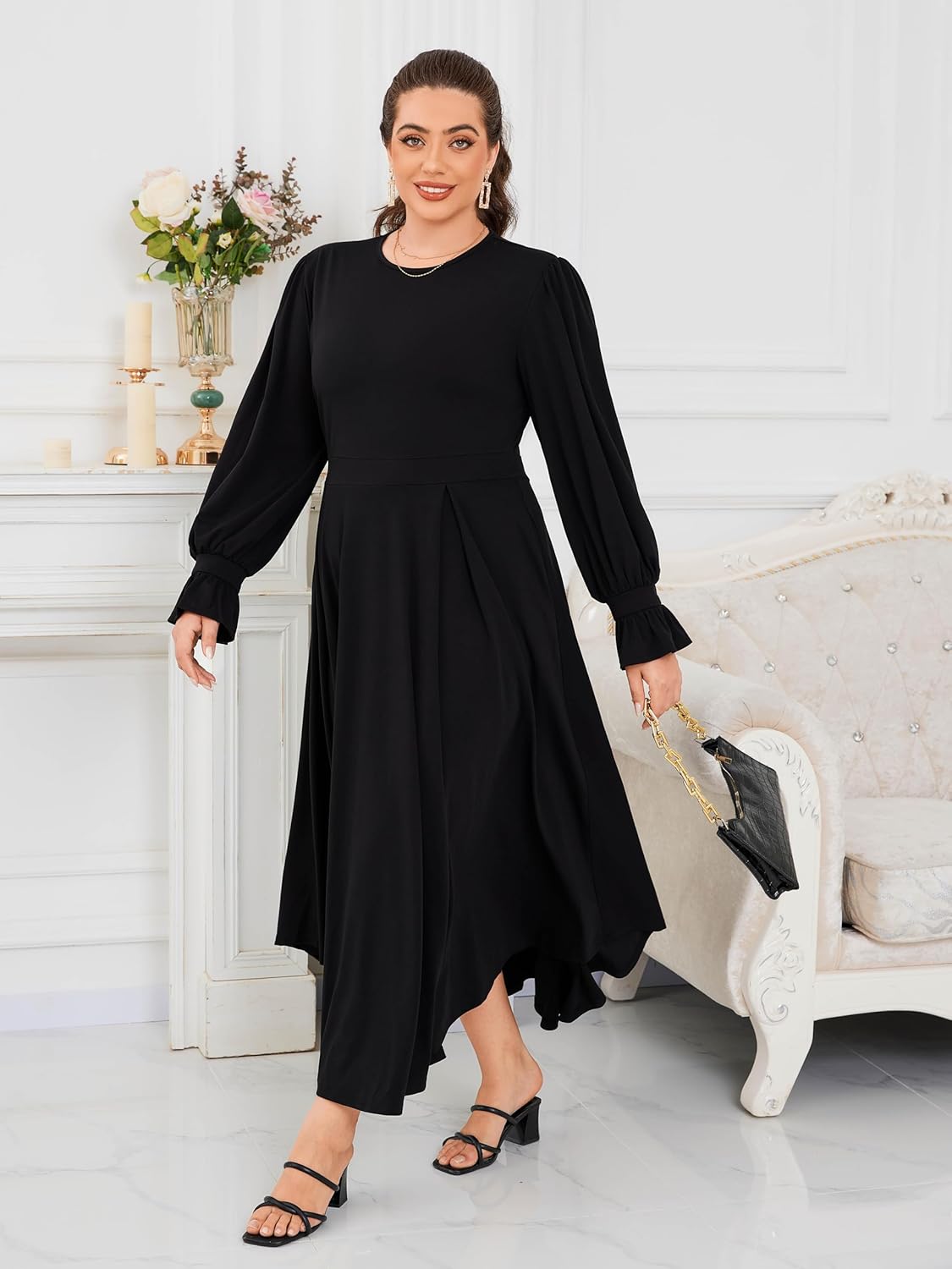Plus Size Maxi Dress for Curvy Women Long Puff Sleeve Crewneck Stretchy Empire Waist A-line Flowy Outfits with Pockets - Image 2