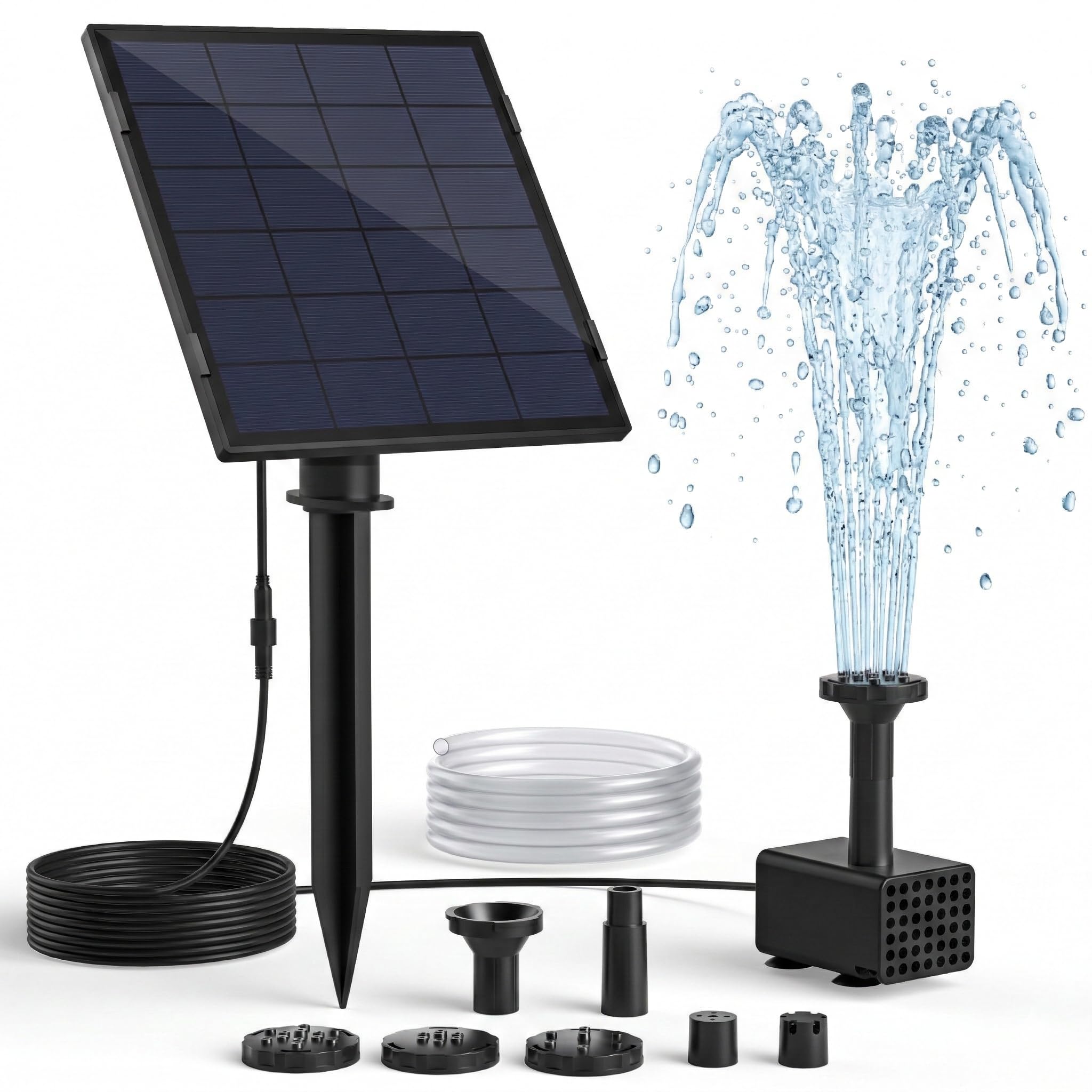 PONDIA Solar Fountain Pump for Bird Bath, 2.5W Solar Water Pump with 3M Power Cord, Adjustable Ground Stake, 5 Spray Modes & 1.2M Hose, Dry-Run Protection Low Noise for Garden Small Pond Fish Tank - 1