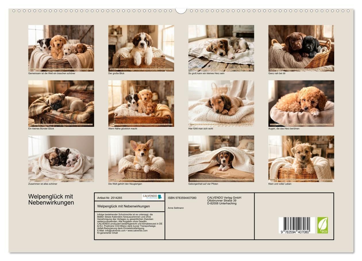 Welpenglück mit Nebenwirkungen (hochwertiger Premium Wandkalender 2027 DIN A2 quer), Kunstdruck in Hochglanz: Süße Welpenmomente zum Verlieben