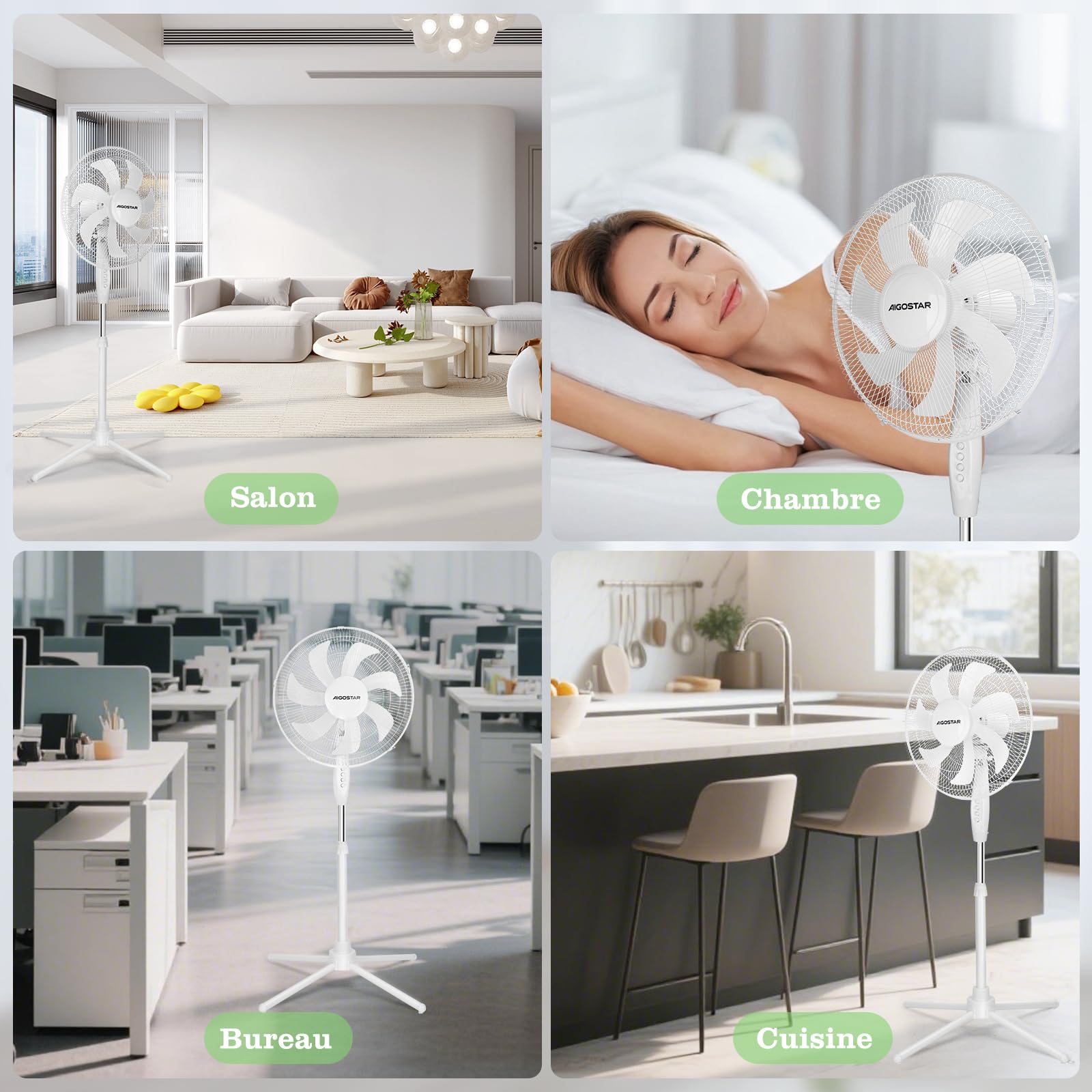 Aigostar Ventilateur sur Pied, 3 Vitesses, 7 Pales, Oscillation 75°, Stable et Silencieux, Hauteur réglable 108-125cm, 50W, Blanc - Erika