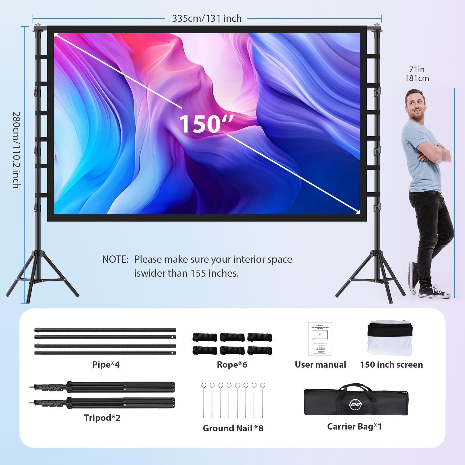 Schermo per Proiettore 150” Pollici con Treppiedi, LEORFI Schermo di Proiezione Supporta 4K Full HD 16:9, Schermo Portatile Pieghevole, Altezza Regolabile, Campeggio All'aperto e Teatro Domestico
