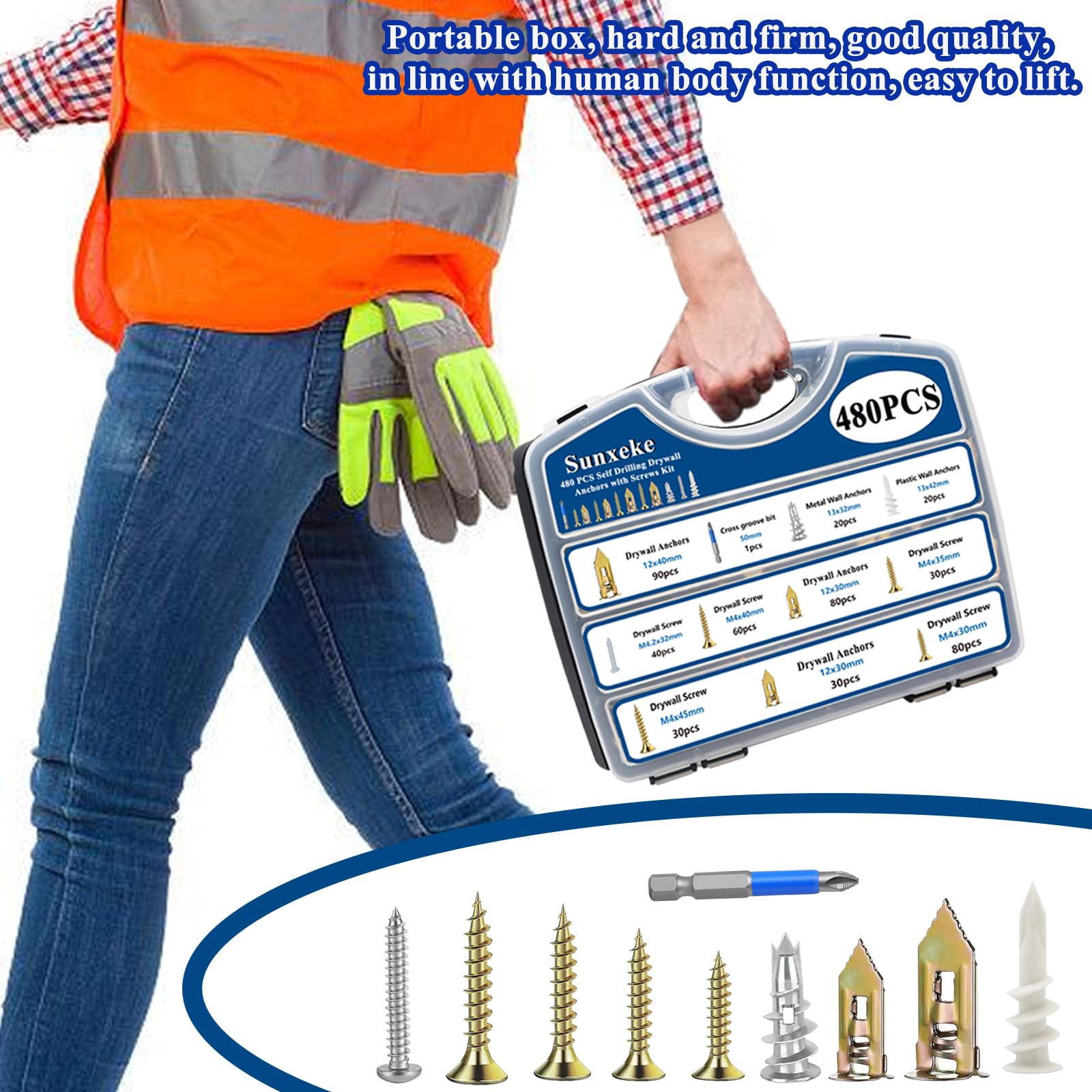 Kit di 480 tasselli autoperforanti per cartongesso con viti, 4 tasselli in cartongesso e 5 viti di dimensioni (aggiornate al 2025), senza bisogno di trapano, acciaio zincato e plastica